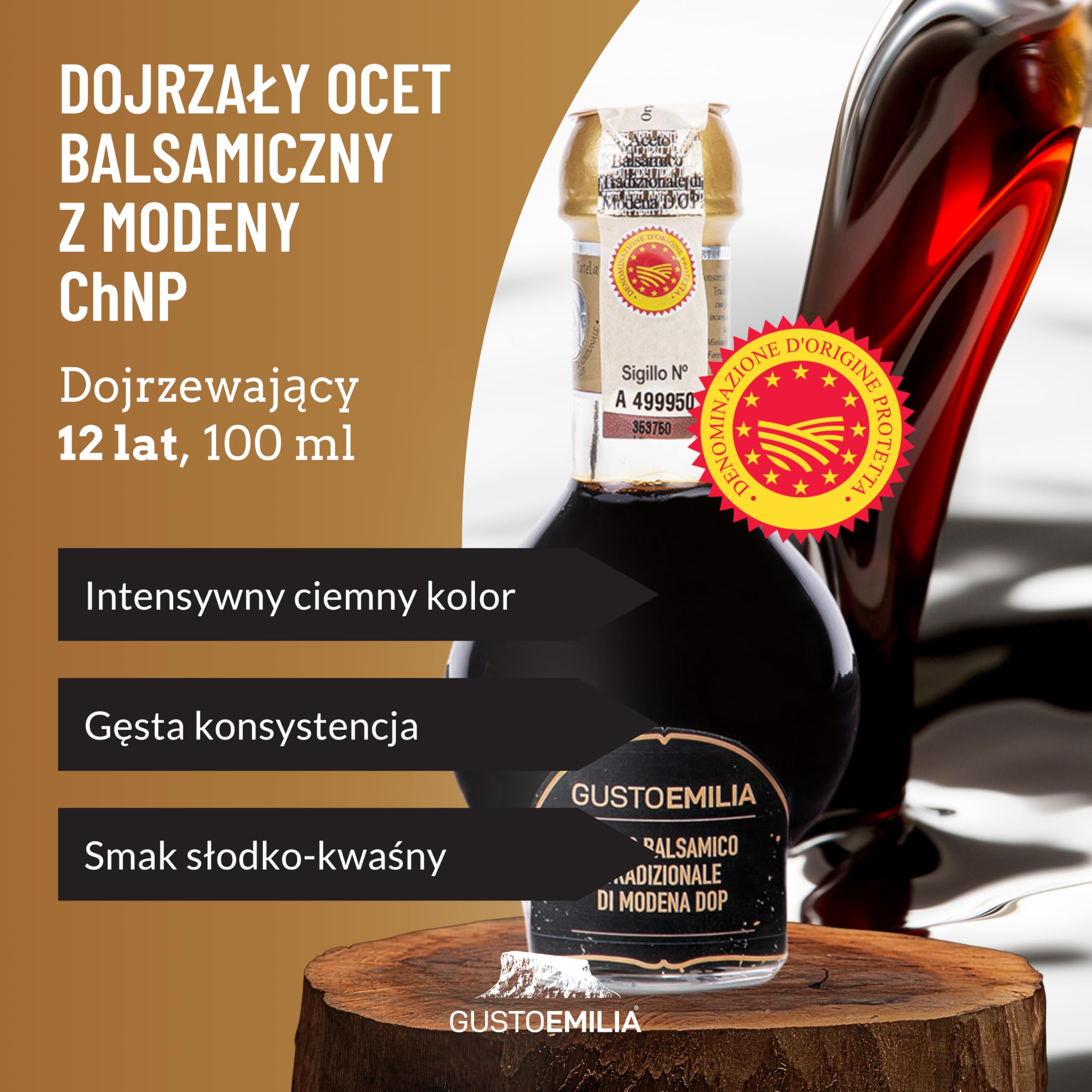 GUSTOEMILIA Tradycyjny 12-letni Ocet Balsamiczny Modena IGP - Idealne Dopasowanie z Dojrzewającym Parmigiano Reggiano - Wyprodukowano we Włoszech 3,38 fl oz (100 ml)