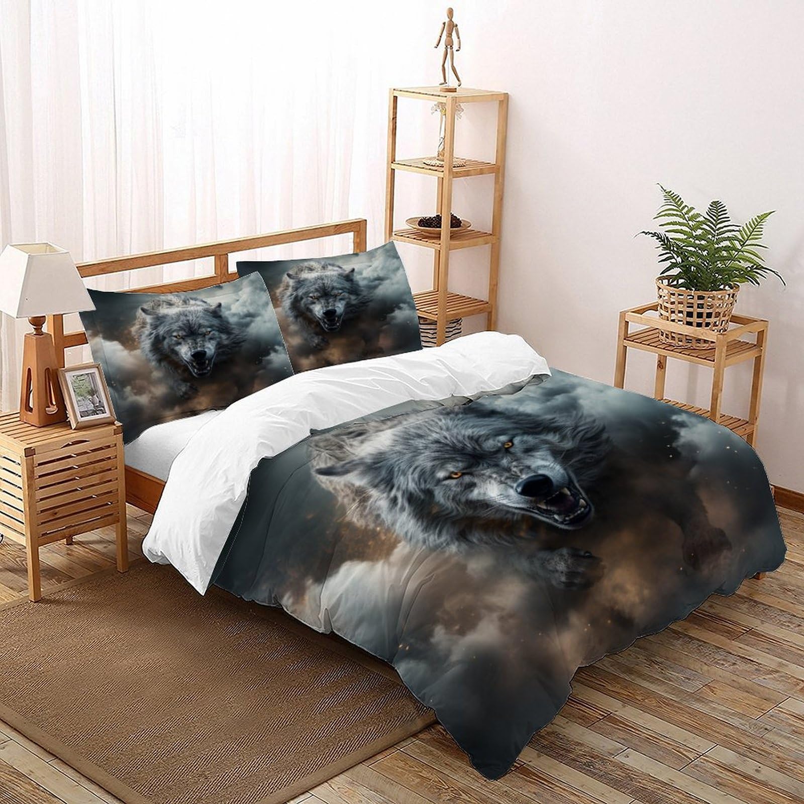 Housse de couette loup gris 260x220 cm en microfibre avec ses taies d'oreiller