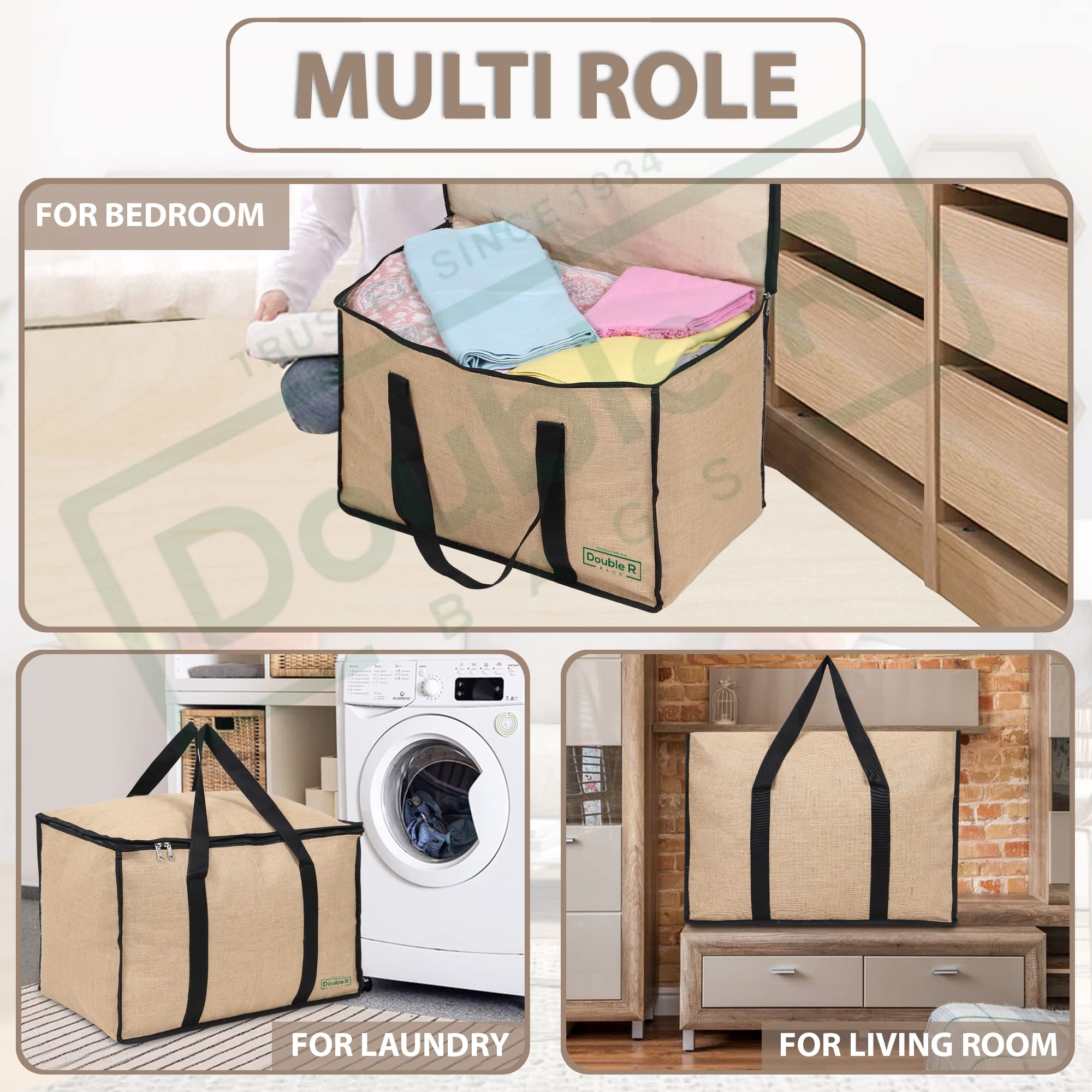 Double R Bags Large Jute Storage Bag for Clothes, Toys, Bedding & Blankets – 70L, 1 Compartment, Moisture-Proof Organizer with Zip & Handle (55.5x38x38 cm, Beige, Pack of 1) 3