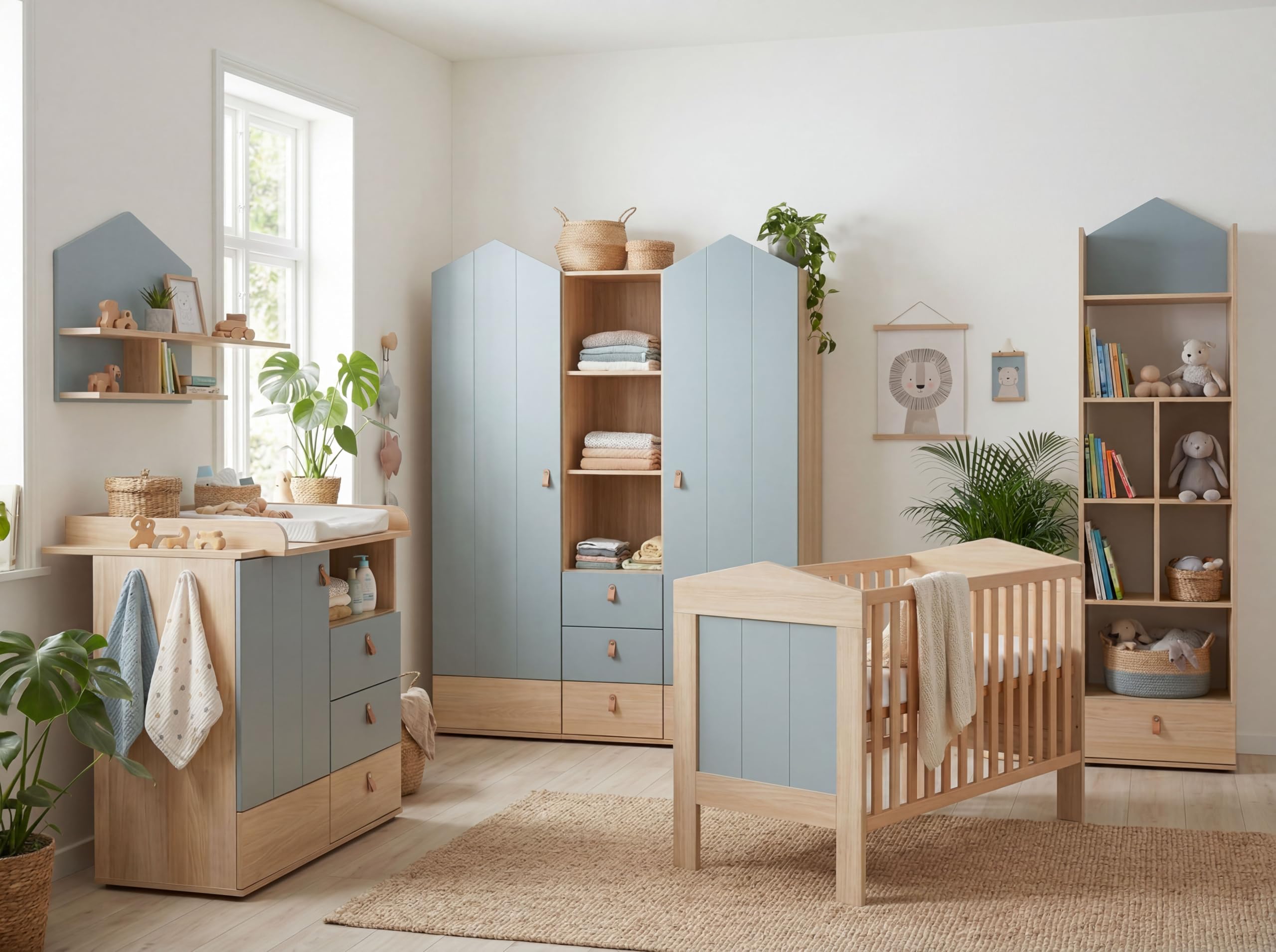 Roofy Babyzimmer Set 6-TLG – inkl. Babybett (umbaubar), Wickelkommode & Kleiderschrank – Made in Germany, Soft-Close – Skandi-Look in Salbei/Nagano Eiche