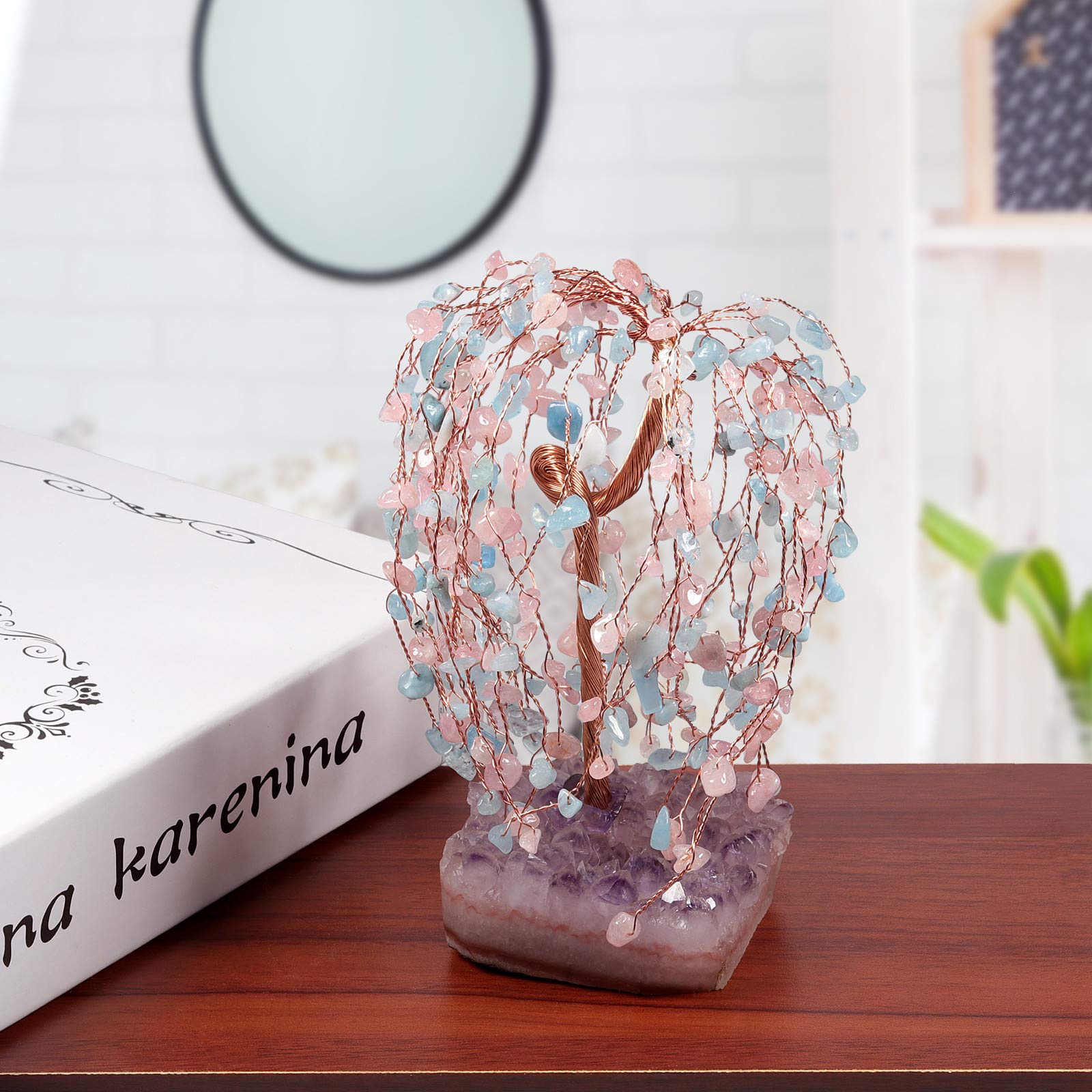 mookaitedecor Arbre en cristal de quartz et aigue-marine avec base en grappe d'améthyste