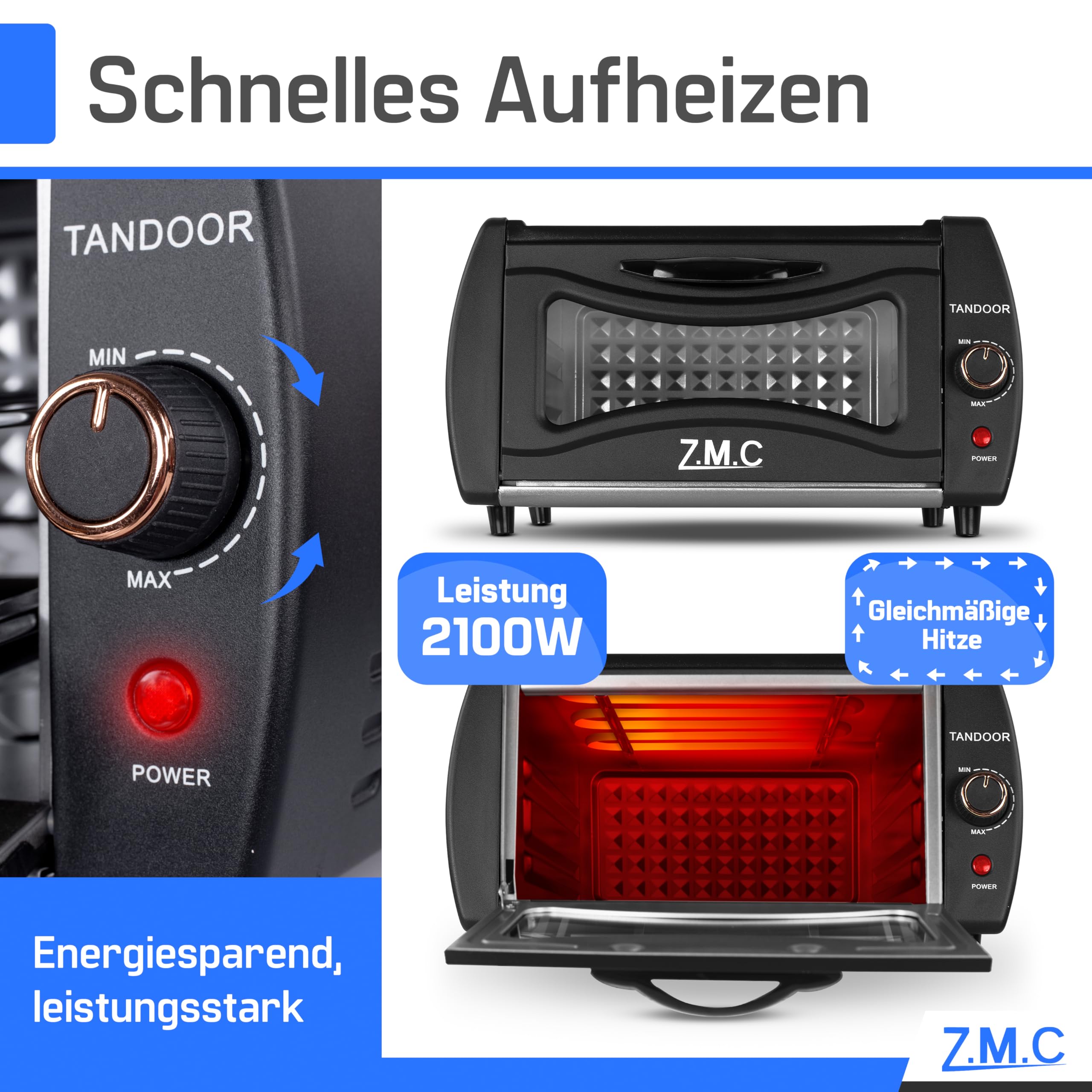 Z.M.C Mini Tandoor Backofen 2100W 22L | Minibackofen für Lahmacun, Börek, Pizza, Naan & Fladenbrot | inkl. Backblech & Grillrost | schnelles Aufheizen | für Zuhause & Küche
