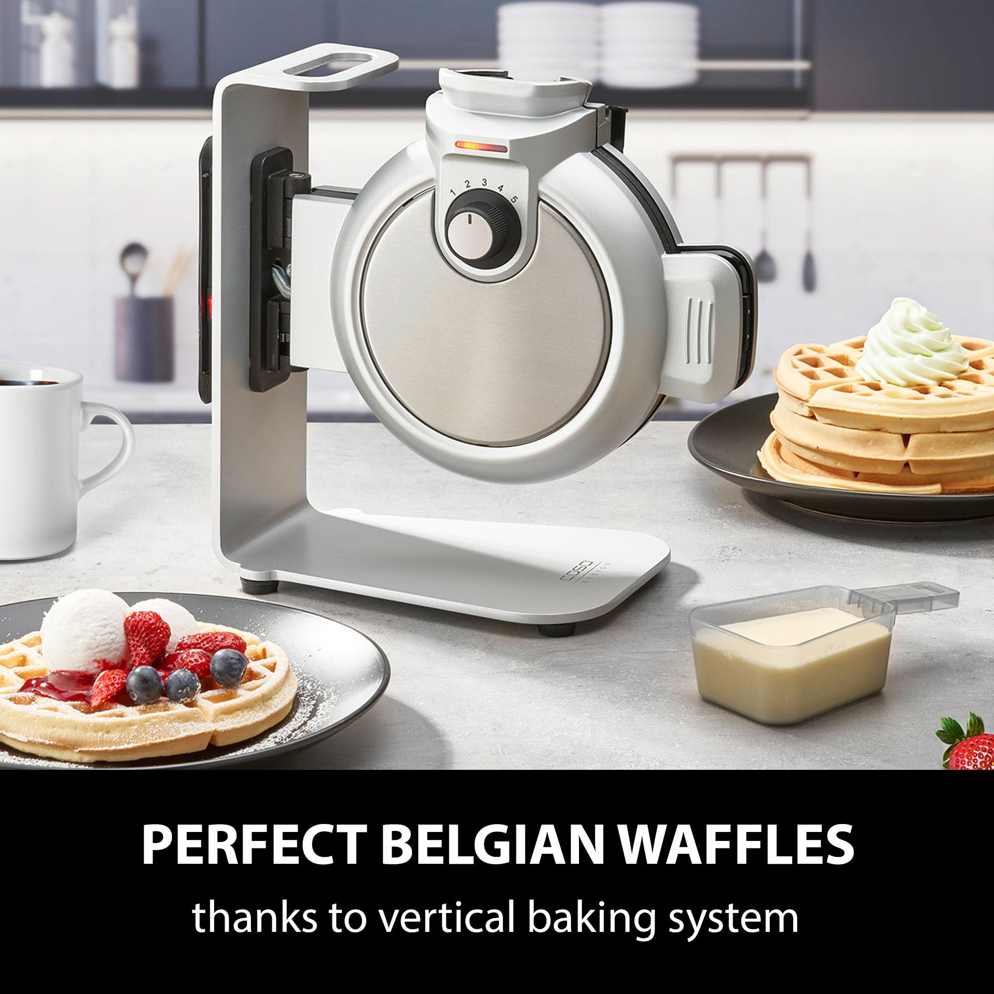 CASO WaffleUp - vertikales Waffeleisen, Testurteil: Sehr Gut, belgisches Waffeleisen,Belgische Waffeln, 5 Bräunungsstufen, 2-fache Antihaftbeschichtung