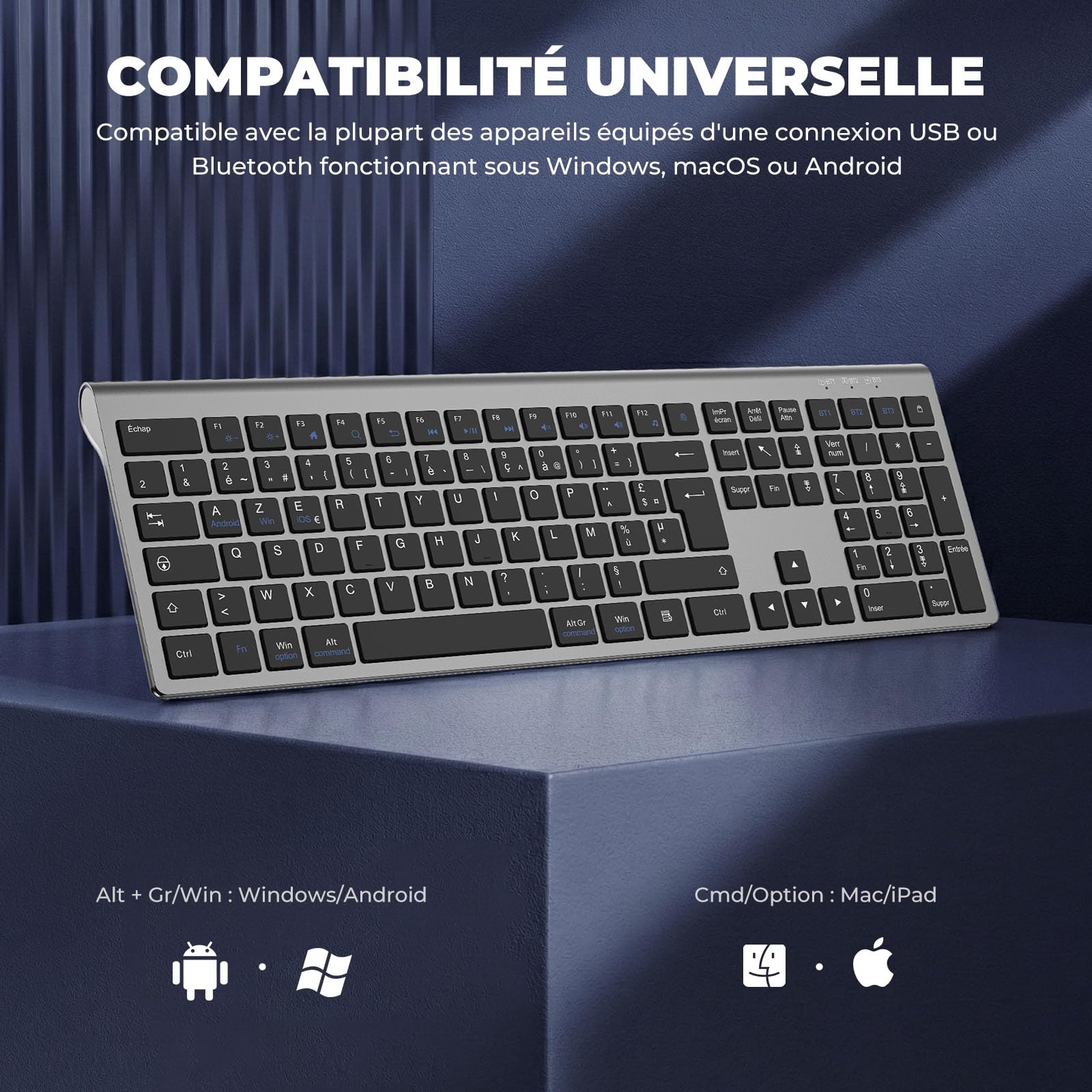 cimetech Clavier sans Fil Silencieux Bluetooth(BT1+BT2+BT3), Clavier Rechargeable, Ultra-Fin, AZERTY Français, avec Pavé Numérique, pour MacOS/iOS/Android/Windows/PC/Ordinateur/Portable-Gris Noir