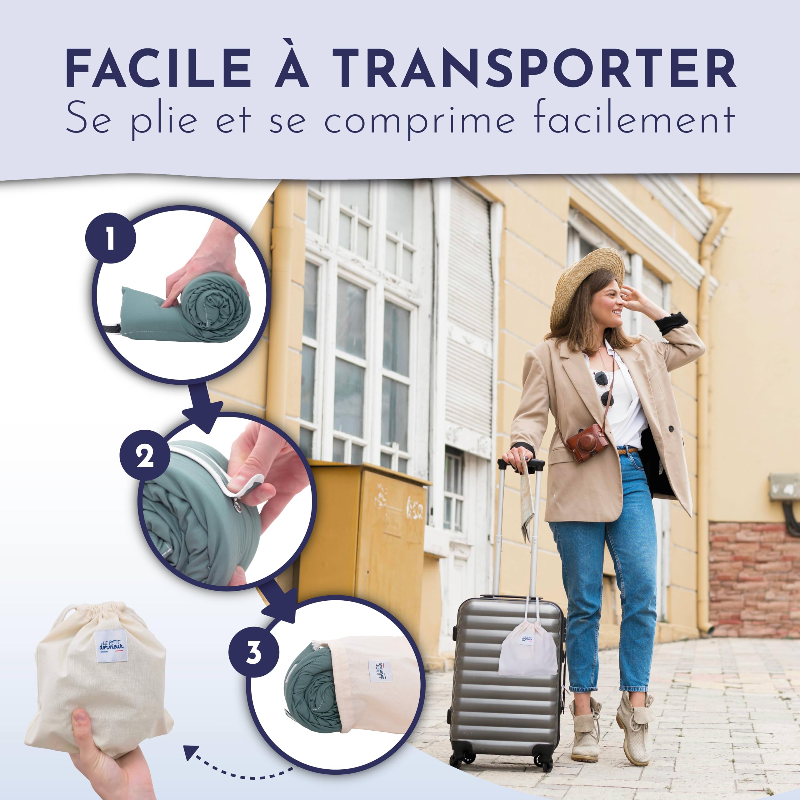 Cuscino da viaggio 3 in 1, da viaggio Thym, ergonomico e leggero, ideale per viaggi in aereo, treno, auto, prodotto in Francia