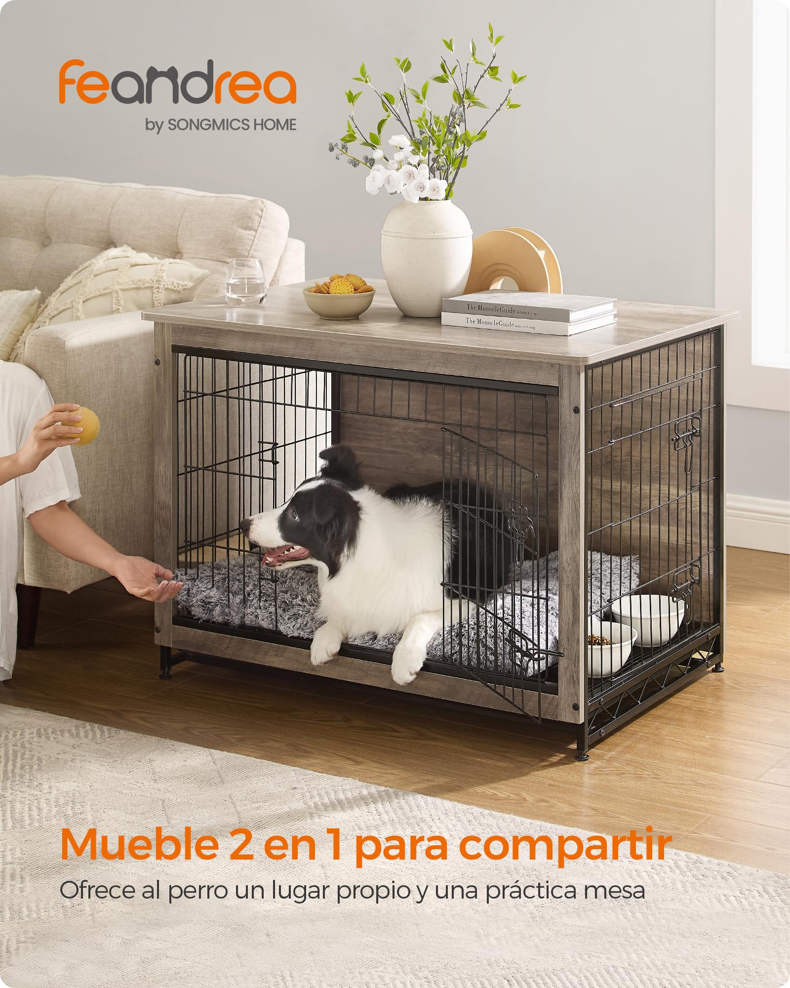 Feandrea Jaula para Perros, Mesa Auxiliar, Moderna Jaula para Perros hasta 32 kg, Jaula para Cachorros, Bandeja Extraíble, Casa para Mascotas, 2 Puertas, Greige PFC003G01