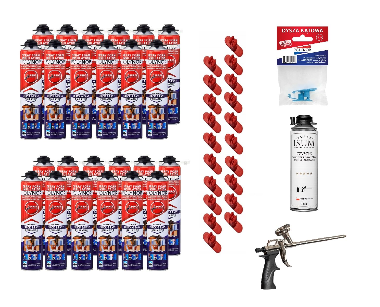 POLYNOR PUR-Wärmedämmung in der Dose PRO – Set – 24 Schaumstoffe – Schaumpistole – Sprühbare Wärmedämmung – Dämmung von Wänden, Dächern, Decken, Rohren – Aerosol 750 ml