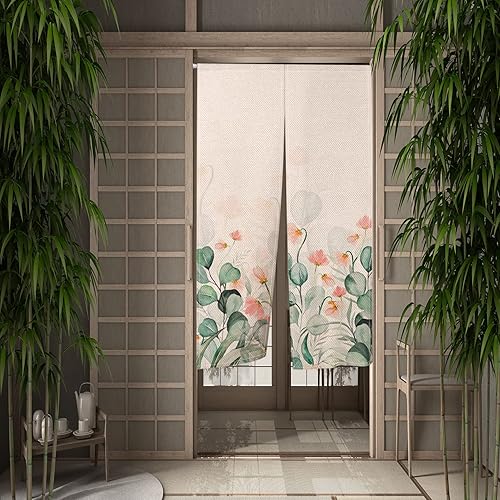 Leowefowa Cortina japonesa Noren para puerta, estilo chino, cortina de puerta, tratamiento de ventana, divisor de habitación, flores de loto, panel