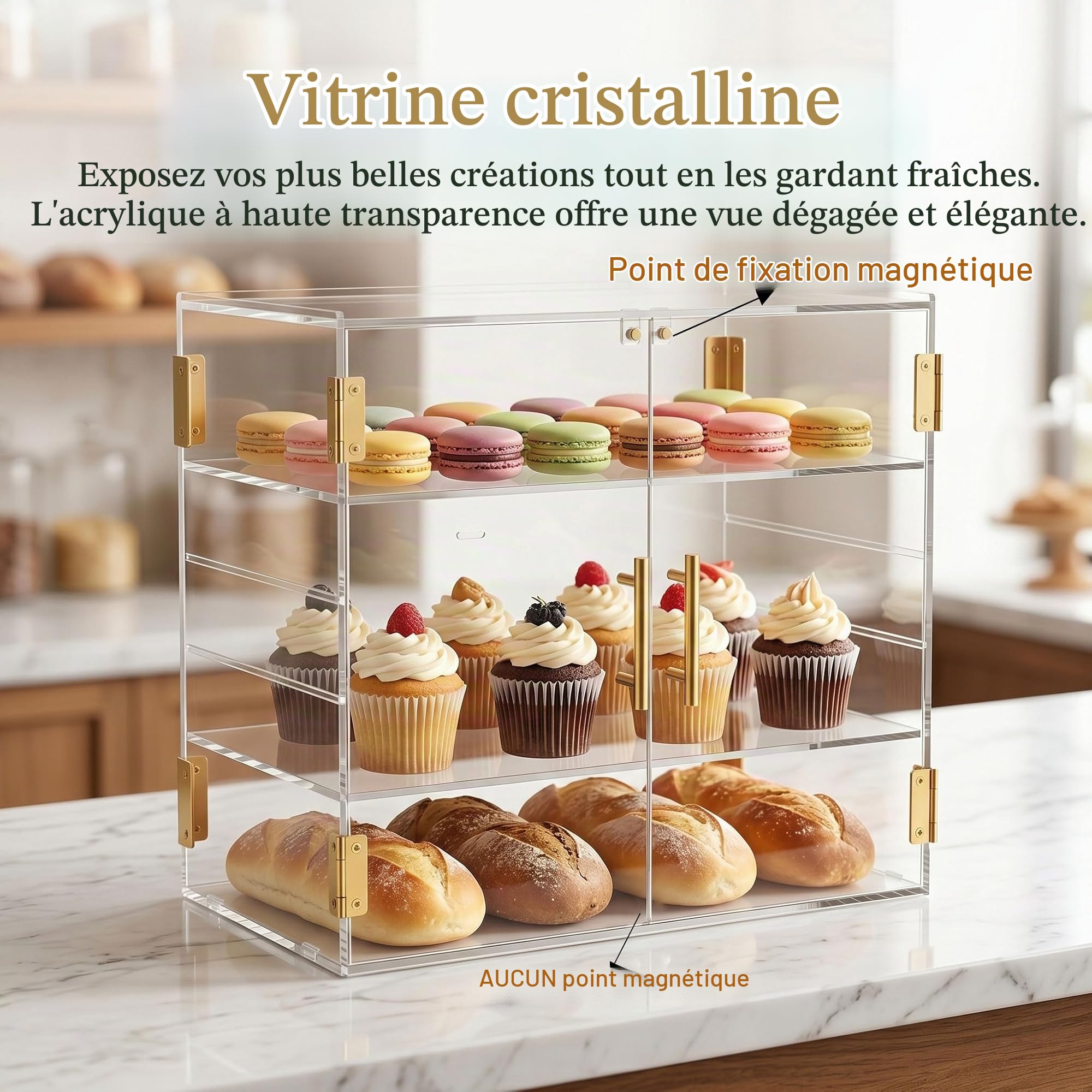 Vitrine de boulangerie à 3 niveaux améliorée avec porte magnétique
