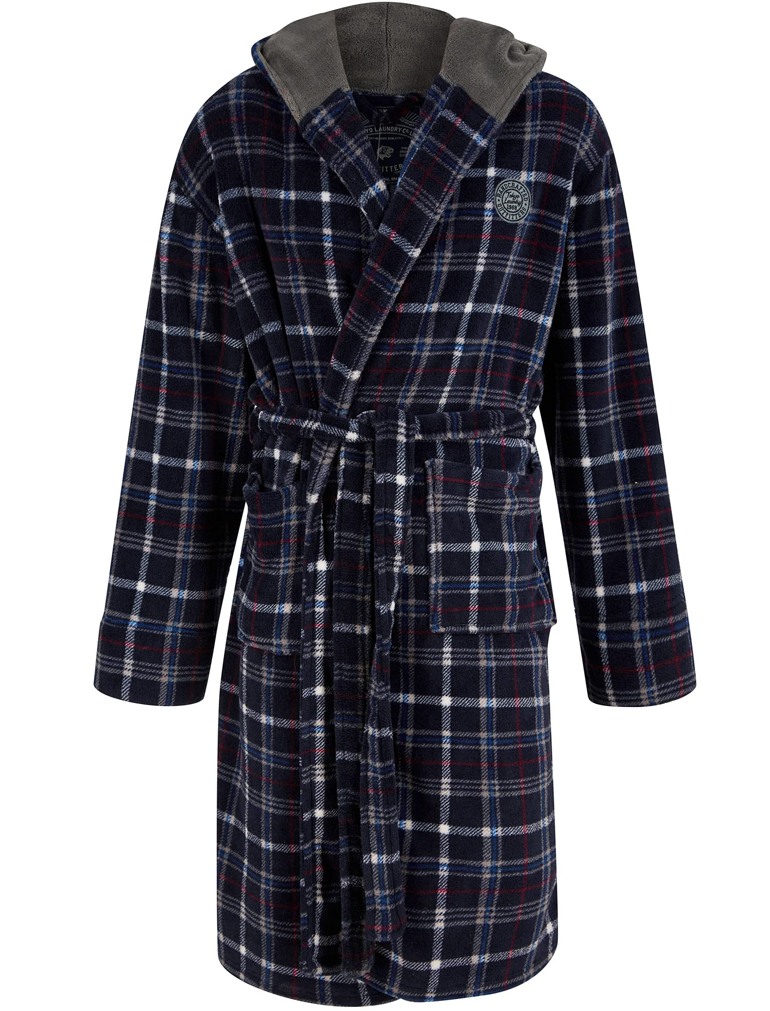 Tokyo Laundry Men's Navy Check Mainway Checkered Soft Fleece Hooded Dressing Gown - M