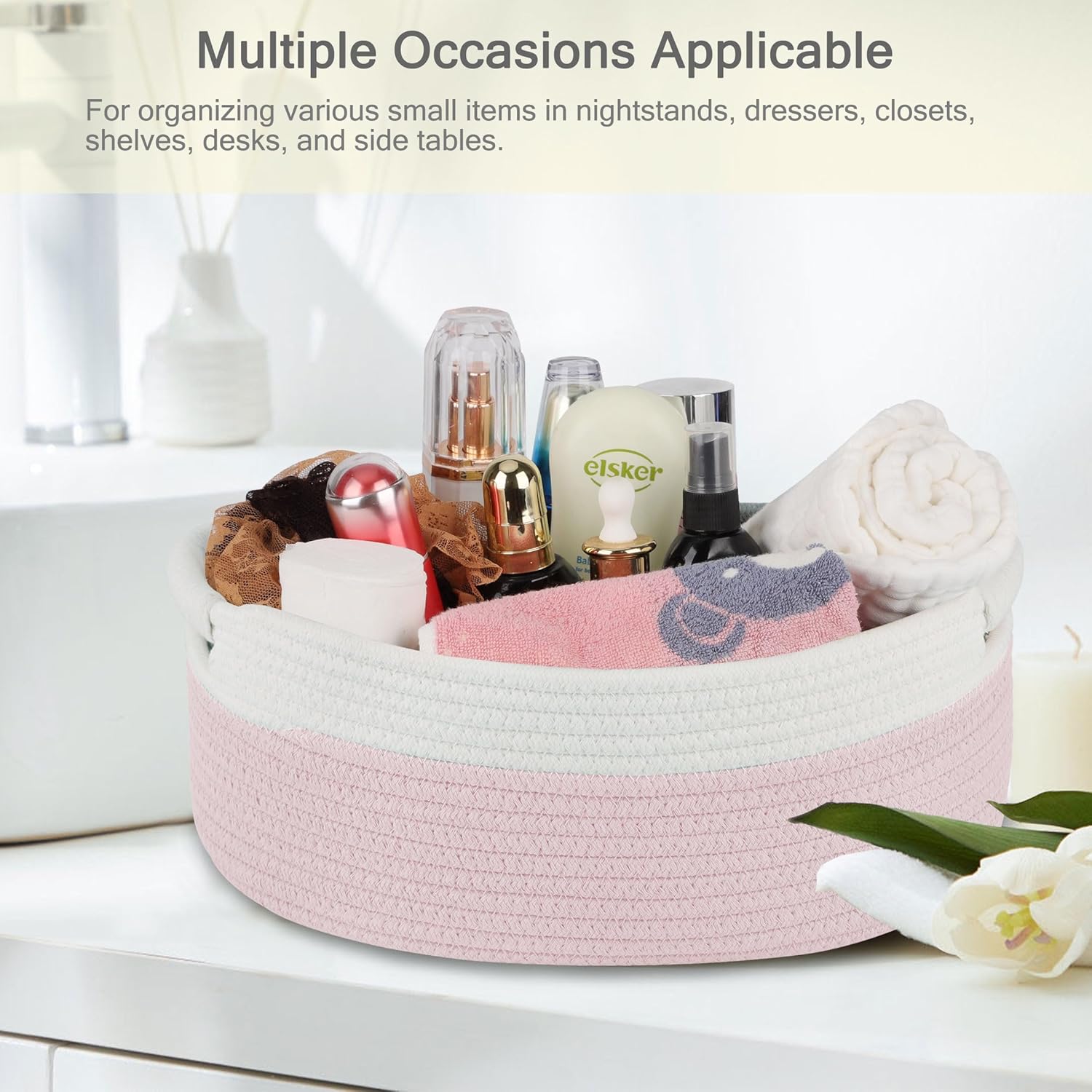 Small Woven Basket with Gift Bags and Ribbons, Empty Baby Gift Baskets, Shelf Storage, Small Cat Dog Pet Toy Boxes, 13”x 9”x 5.5”, Light Pink - Image 6
