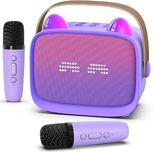 Mini Karaoke Machine Toys Gifts, Kids Portable Bluetooth Speaker with 2 Wireless Microphone and LED, Christmas Birthday Gift Idea for Girls Boys 3-12 + Year Old, Noisemaker Toys for Party (Purple)