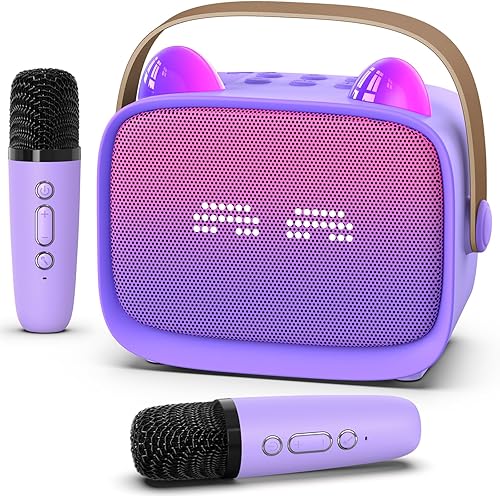 Mini máquina de karaoke juguetes de regalo, reproductor MP3 portátil para niños con 2 micrófonos inalámbricos y LED, regalos de cumpleaños de
