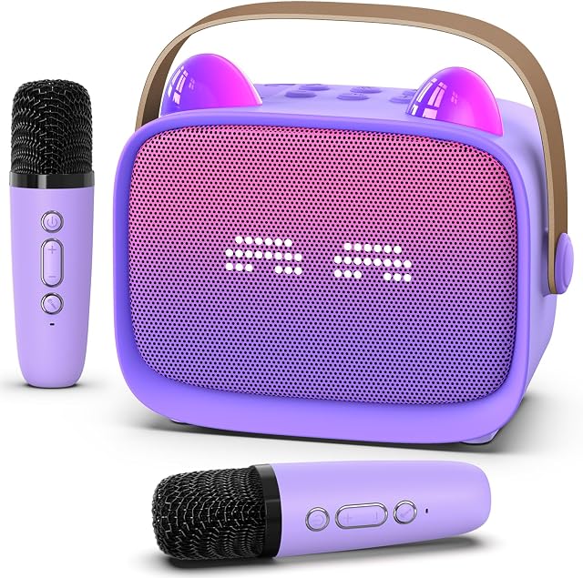 Mini Karaoke Machine Toys Gifts, Kids Portable Bluetooth Speaker with 2 Wireless Microphone and LED, Christmas Birthday Gift Idea for Girls Boys 3-12 + Year Old, Noisemaker Toys for Party (Purple)