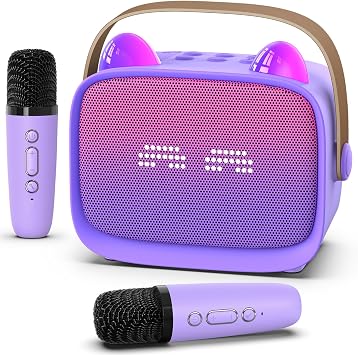 Mini Karaoke Machine Toys Gifts,Kids Portable MP3 Player with 2 Wireless Microphone and LED,Christmas Birthday Gifts for Girls Boys 3 4 5 6 7 8+ Year Old Purple