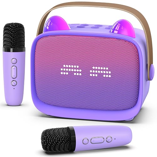 Mini Karaoke Machine Toys Gifts,Kids Portable Bluetooth Speaker with 2 Wireless Microphone and LED,Christmas Birthday Gifts for Girls Boys 3 4 5 6 7 8+ Year Old (Purple)