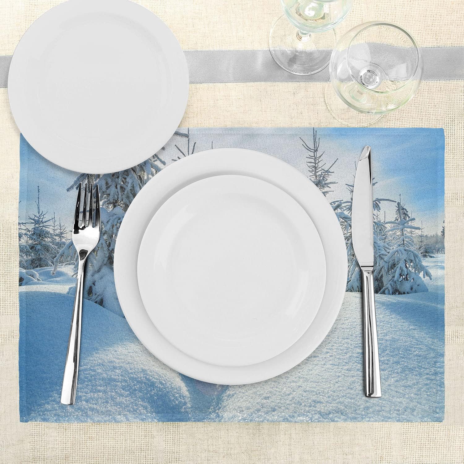 Ambesonne Winter Place Mats Set of 4, Winter Landscape with Forest and Blue Sky Frosted Trees Footprints Seasonal Nature, Washable Fabric Placemats for Dining Table, Standard Size, White Blue