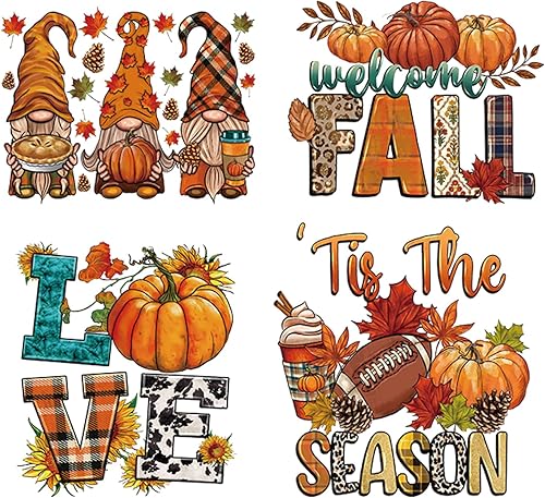 4 hojas de calcomanías de vinilo de transferencia de calor para otoño, Acción de Gracias, calcomanías para planchar en otoño, calabaza, gnomo, hojas