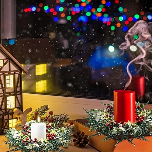 Miniatura 6 de Anillos de vela de Navidad, bayas rojas artificiales, agujas de pino nevado, guirnalda, coronas, anillos de vela para pilares, centros de mesa de