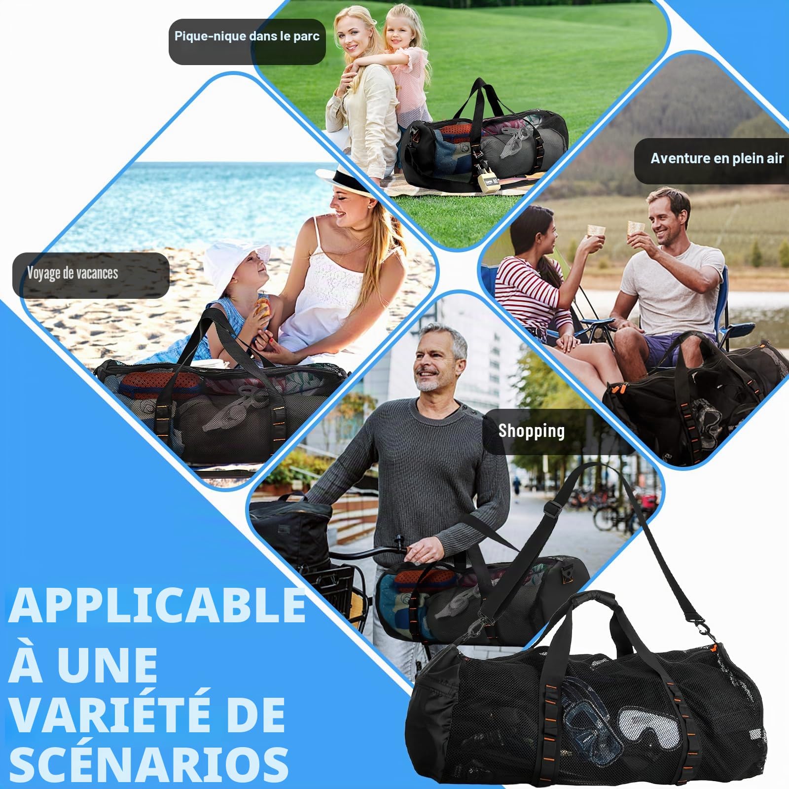 Sacs de Plongée Grande, Sac de Plage en Filet pour Plongée, Grand Sac de Plage en Maille avec Fermeture Éclair, SacMaille Noire en Nylon, Sacs d'Équipement de Sport pour Voyage