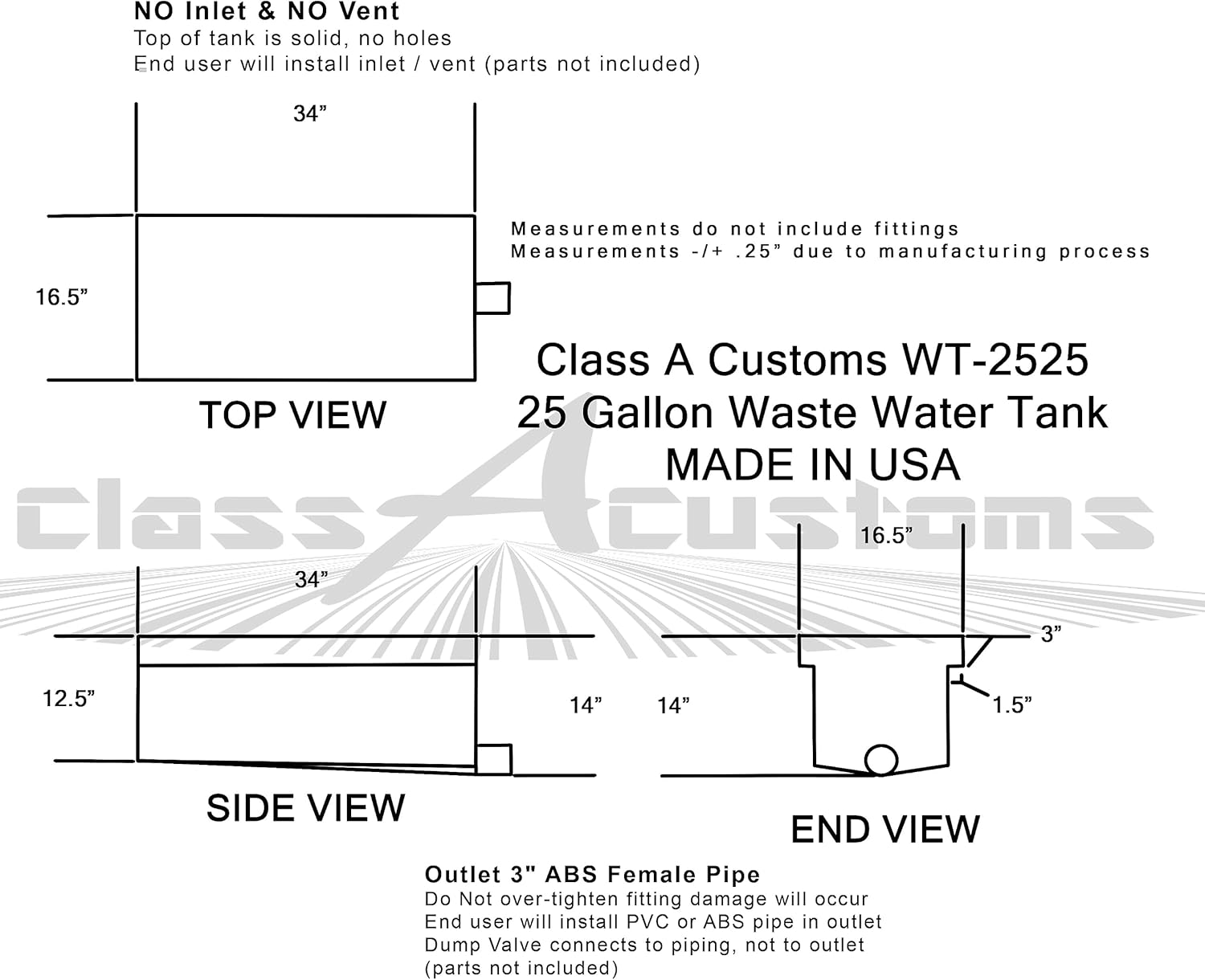 classAcustoms WT-2525 3" Black Water RV Waste Holding Tank 25 Gallon Concession and Camper Waste Black Gray Tank