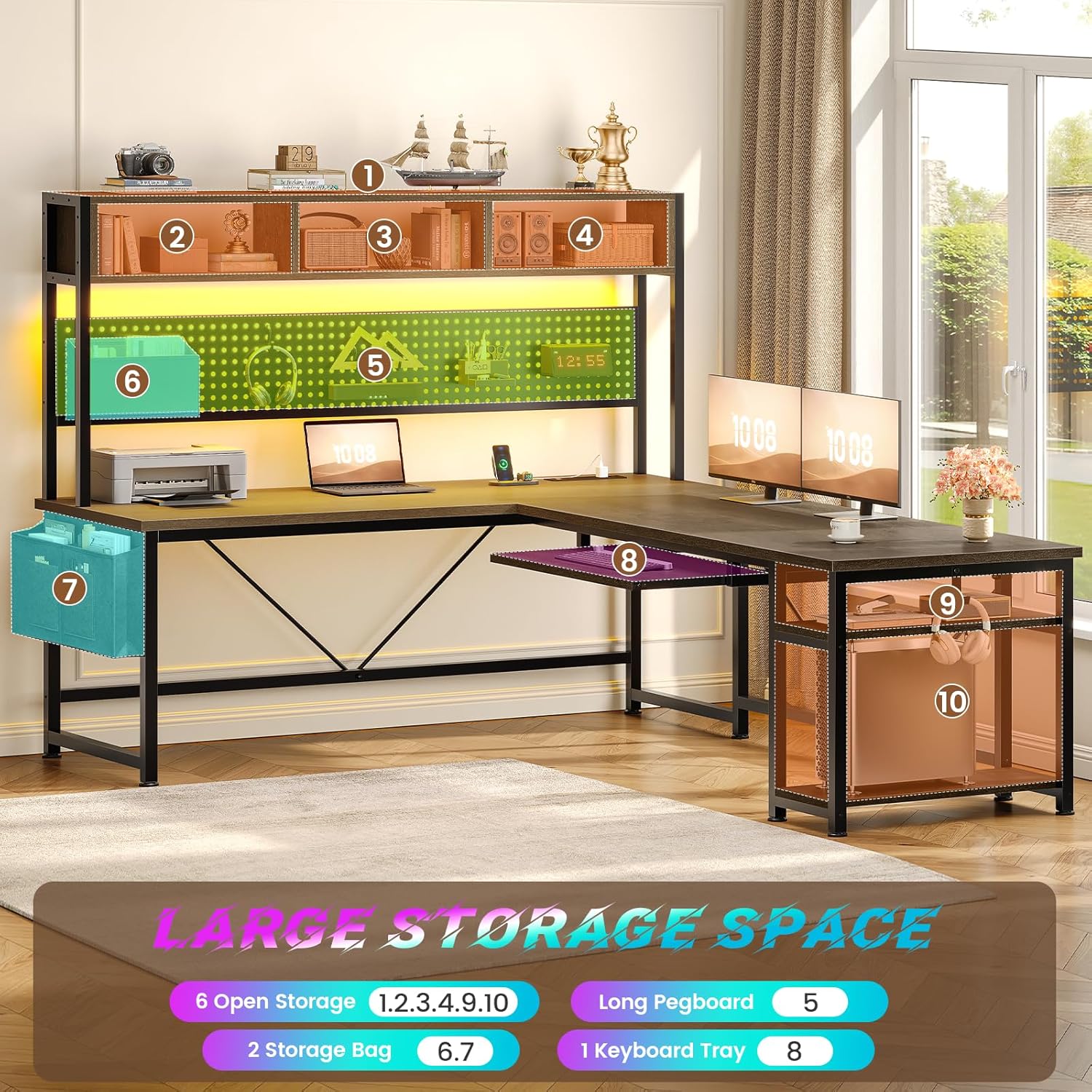Diagram highlighting the large storage space features of the desk, including open storage, a long pegboard, storage bags, and a keyboard tray.