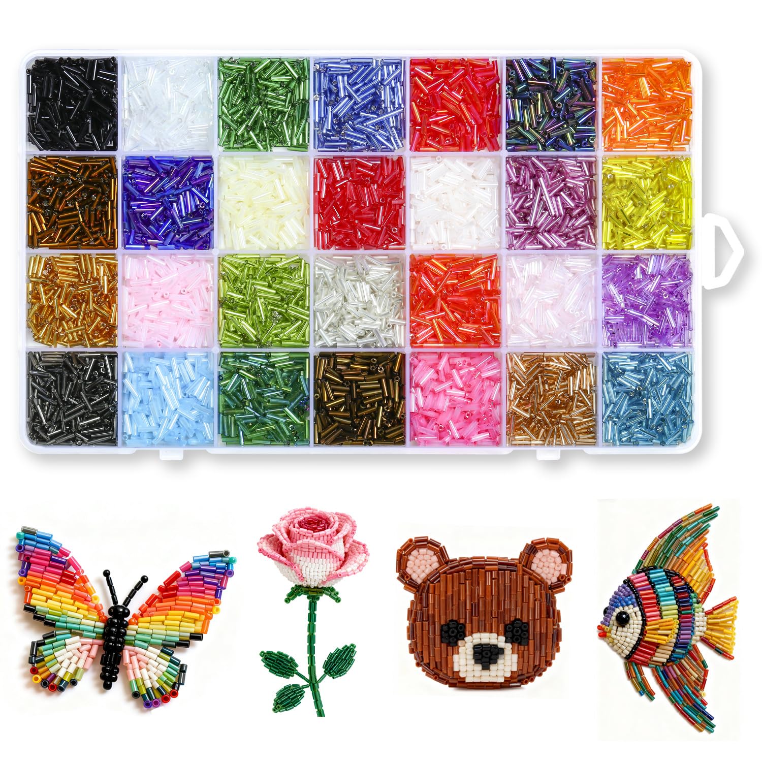 Gkelaly 5040pcs 2x7mm Glass Bugle Beads Kit, Colorful Long Tube Beads for Jewelry Making, Bracelet, Embroidery & Crafting in Storage Box, 28 Vibrant Colors
