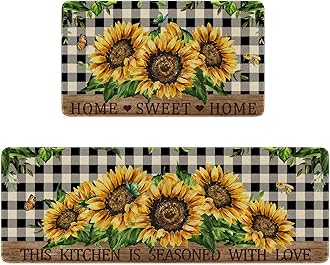 Faptoena Sunflowers Kitchen Rugs Set of 2,Home Sweet Home Buffalo Plaid Holiday Kitchen Mats for Floor,Spring Summer Seasonal Non-Slip Washable Sink Mat Home Decor Doormat+Runner Rug