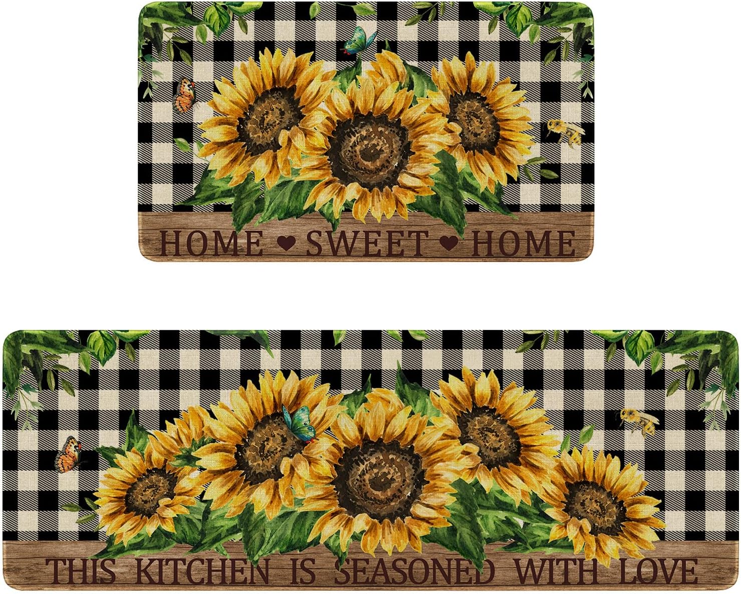Faptoena Sunflowers Kitchen Rugs Set of 2,Home Sweet Home Buffalo Plaid Holiday Kitchen Mats for Floor,Spring Summer Seasonal Non-Slip Washable Sink Mat Home Decor Doormat+Runner Rug