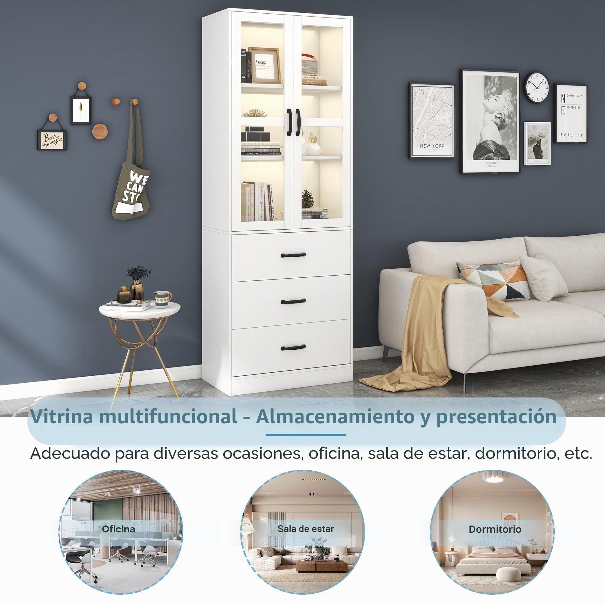 Vitrina blanca 200 cm, 3 cajones, 2 divisores móviles, 2 puertas de cristal, iluminación LED - adición elegante