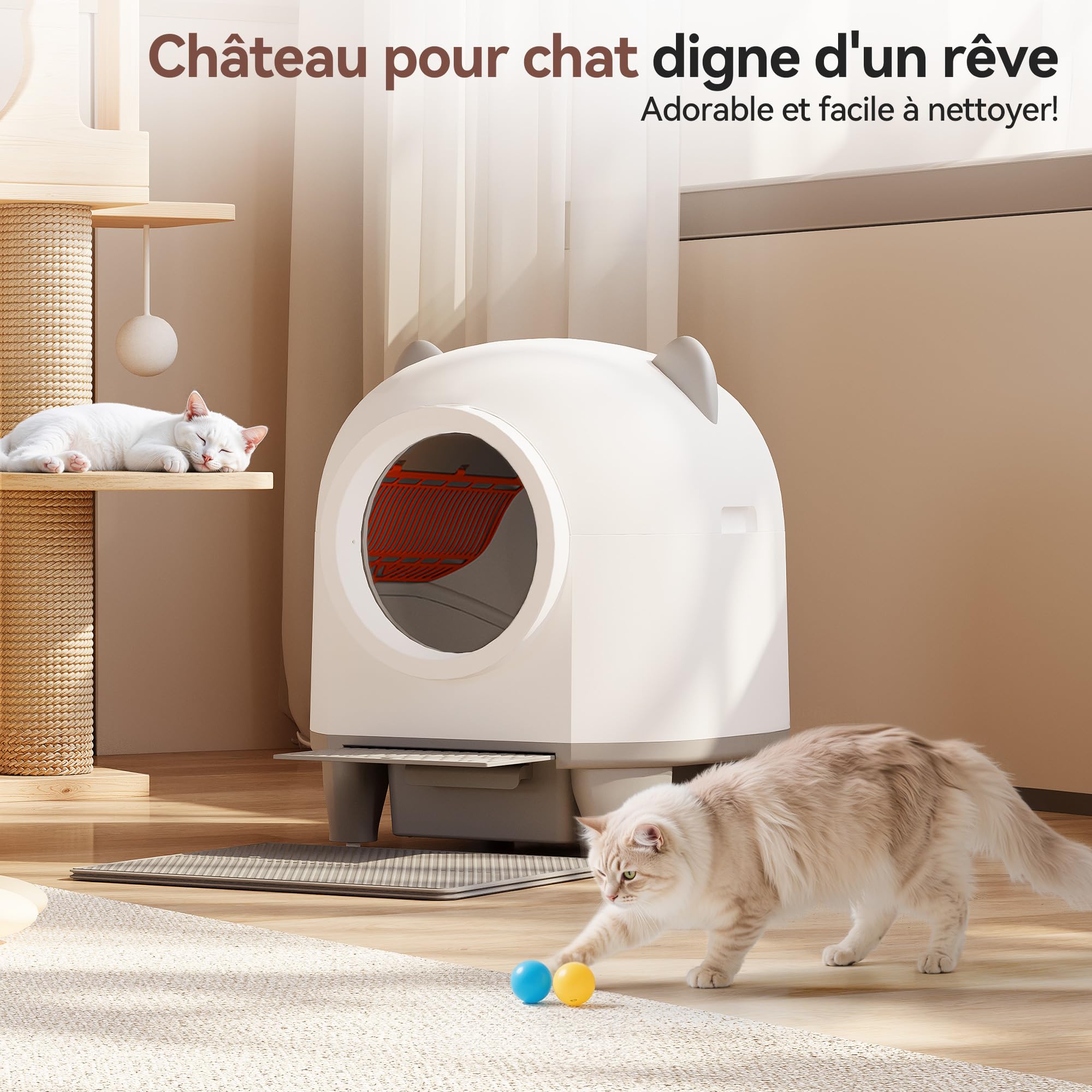 Devoko Litiere Chat Autonettoyante Automatique, Bac Litiere pour Chat XXL 90L, Design en Forme d'oreilles de Chat, Système de Sécurité à Six Niveaux, avec Fonction Désodorisante, Compatible avec APP