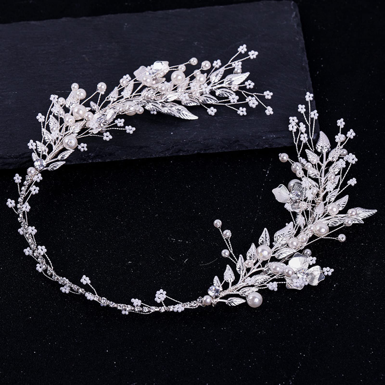 Generic Perlas con Cuentas Hojas Tiaras Corona Nupcial Diademas Mujeres Tocado Color Plata Floral Boda Accesorios para El Cabello Novia Joyería para El Cabello Princesas Corona Prom Pieza para El Cabello