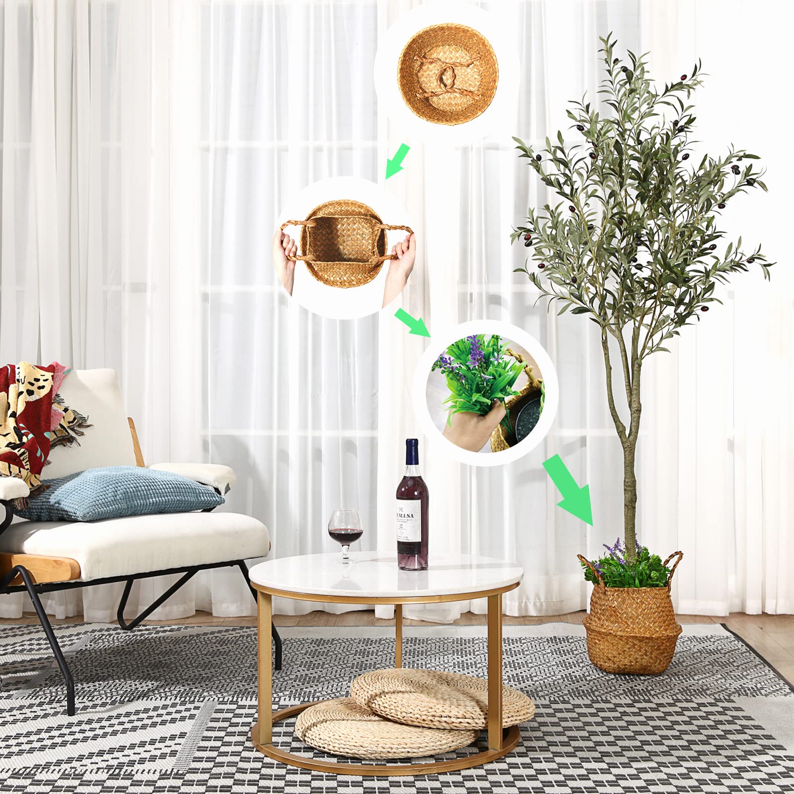 MOSADE Artificial Olive Tree 6 Feet Fake Olive Plant and Handmade Seagrass Basket+Artificial Flowers, Perfect Tall Faux Topiary Silk Tree for Indoor Entryway Decor Home Office Porch Balcony Gift