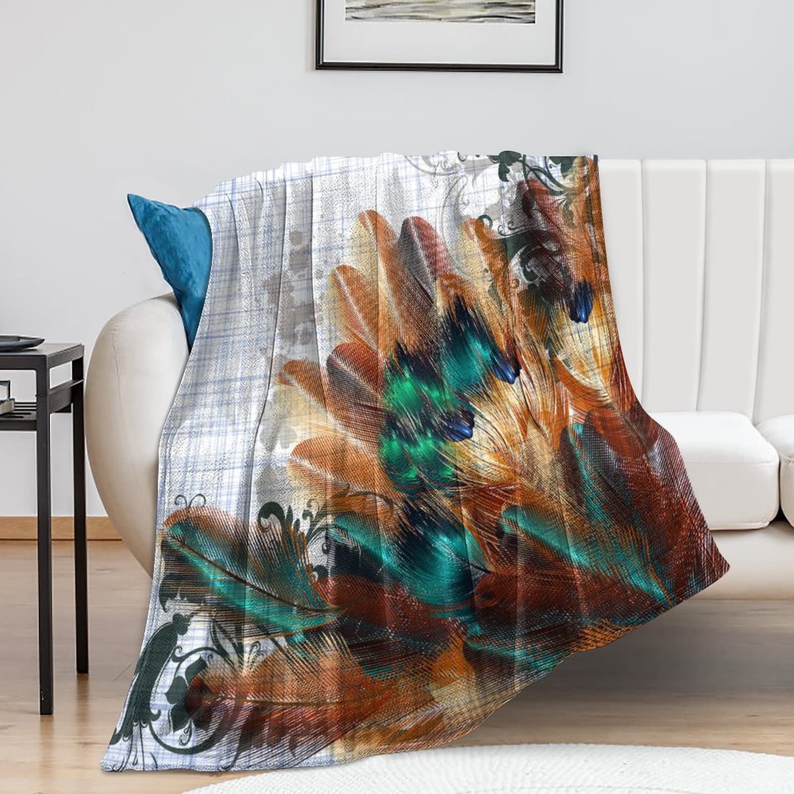 Couverture de voyage paon réversible en peluche double face thermique et douce
