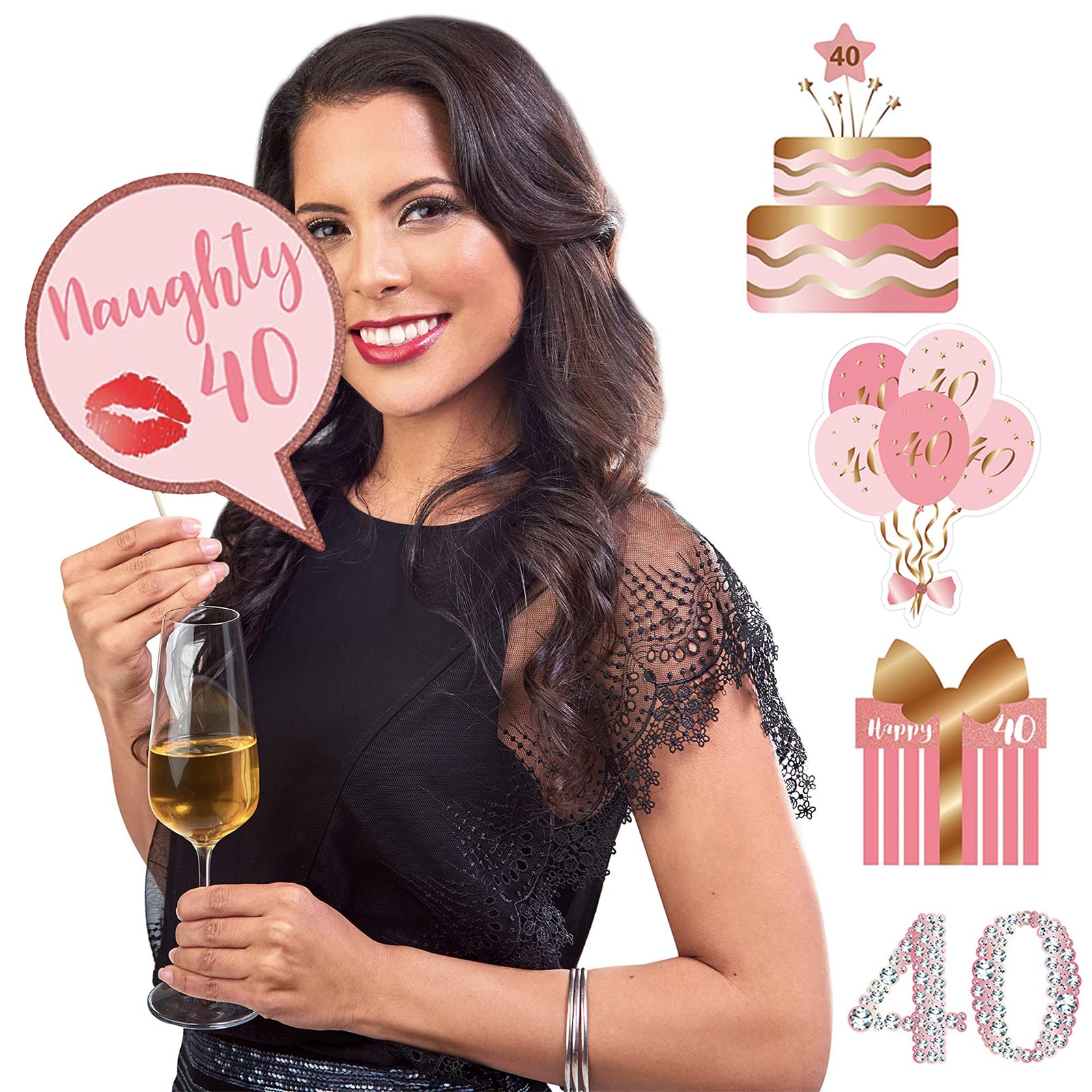 Kit Puntelli Photo Booth 40° Compleanno - 38 Pezzi Oro Rosa Con Bastoncini Per Selfie E Feste - Foto 9