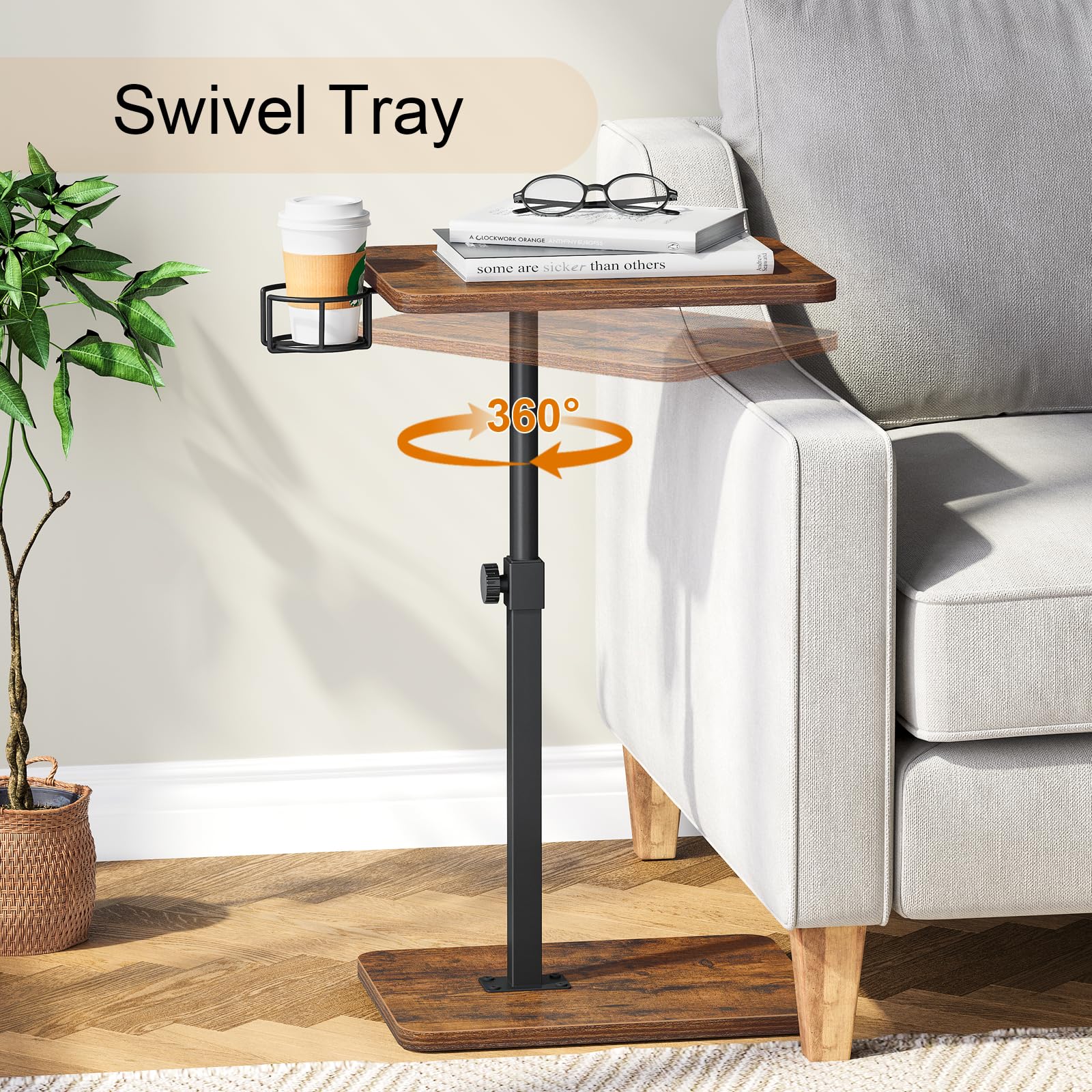 Giikin TV-Tablett, 360° drehbar, höhenverstellbar, TV-Tabletts zum Essen auf der Couch, Sofa-Armlehne, Beistelltisch für kleine Räume, Sofa, Bett, Abendessen, rustikales Braun