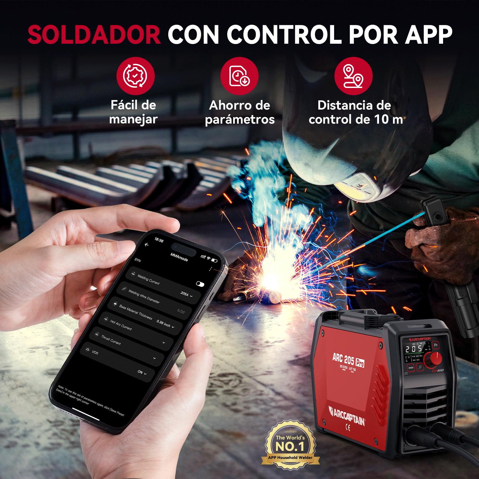 ARCCAPTAIN iControl ARC205 Pro Soldadora Inverter, [Control por APP] Máquina de Soldar ARC/Lift TIG 205A, Pantalla LED grande, Inversor IGBT, 230V Grupo de Soldar MMA con Hot Start, Arc Force