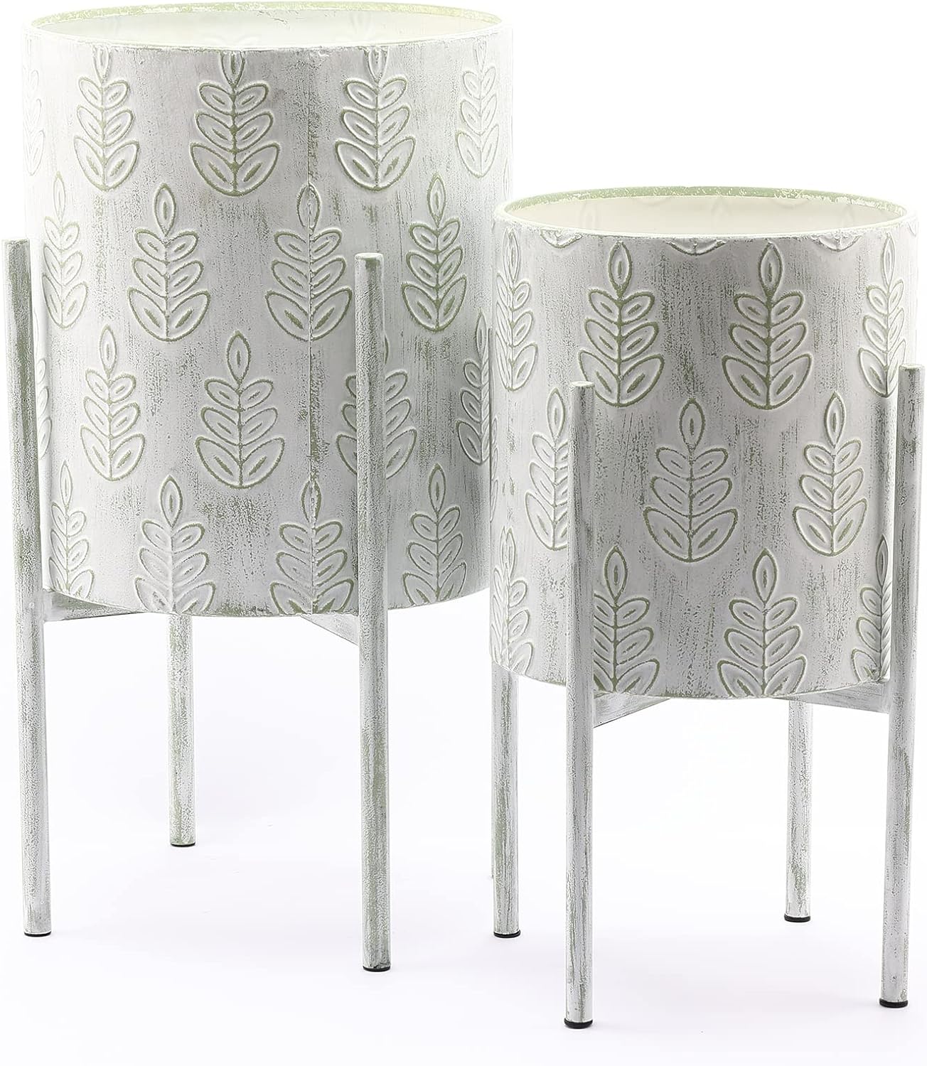 LuxenHome 2-Piece White Metal Leaf Embossed Cachepot Planters with Stand Planters for Indoor Plants, Modern Flower Pots Living Room Large Indoor Plant Stand