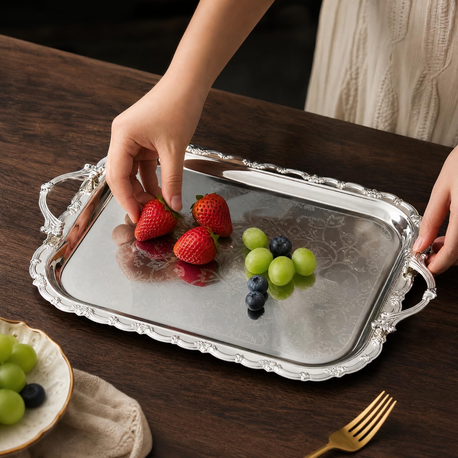 3 Piezas Banja con Patrón Floral en Relieve Pulida Banja Rectangular con Sobreelevados Ornamental para Comedor, M