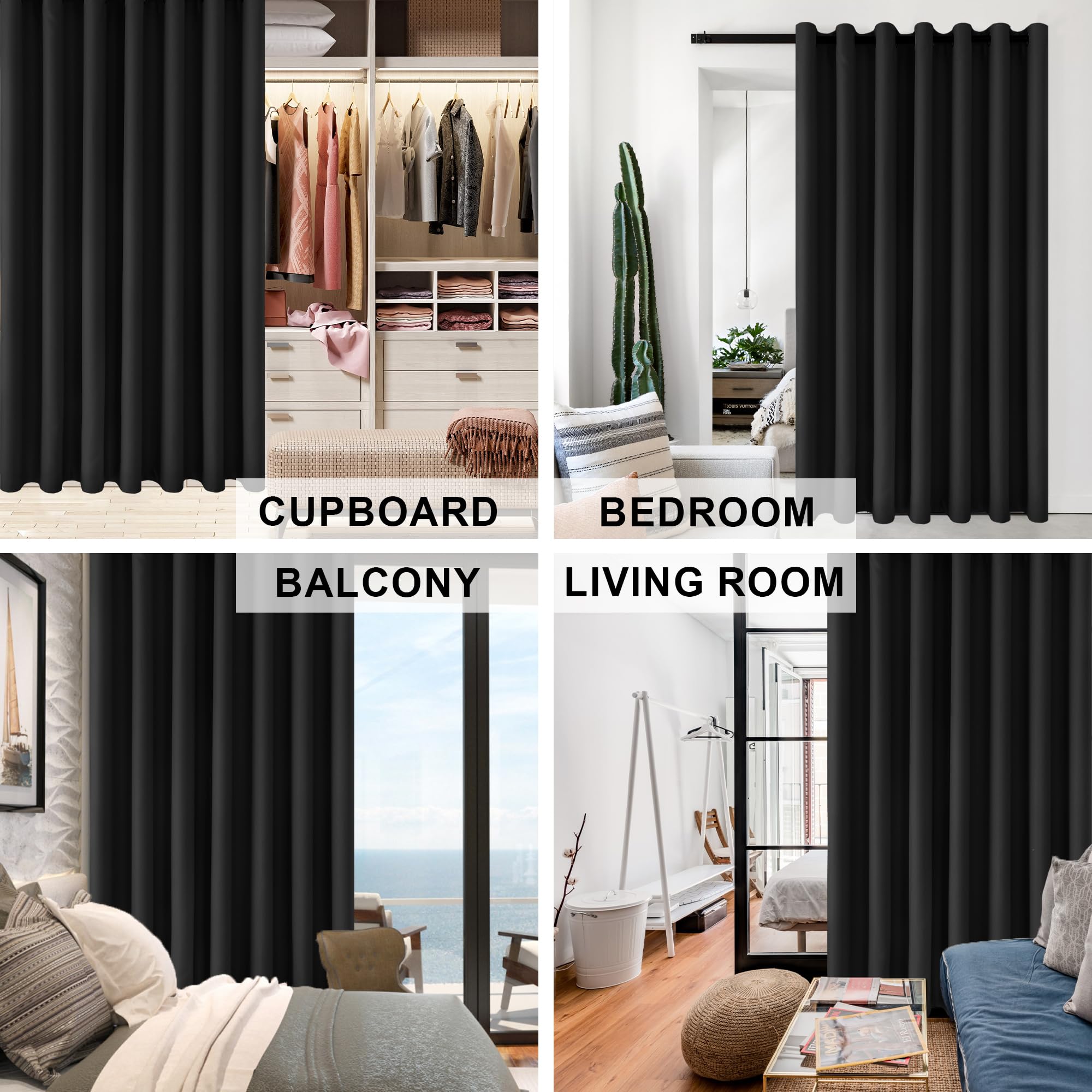 DWCN Noir Rideau Occultant Large Rideau Thermique Isolant Anti Froid et Chaleur L304xH243 cm 1 Panneaux Rideaux Separation de Piece Brise-bise Rideaux Acoustique pour Salon/Chambres à Coucher/Bureau
