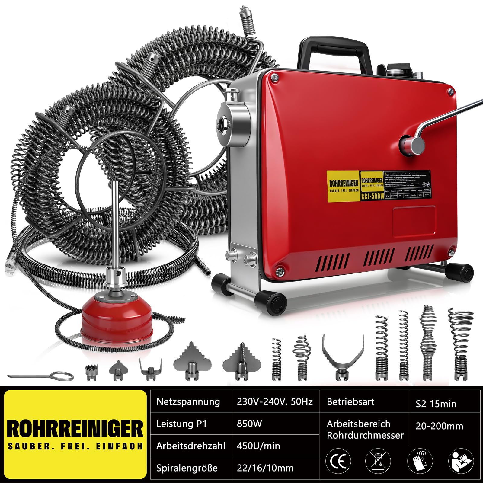 850W Rohrreinigungsmaschine für 20-200mm Rohrleitungen 12 Köpfe 450U/M | Spirale14m Ø22mm + 14.5m Ø16mm + 5m Ø10mm, Elektrischer Rohrreinigungsspirale Abflussreiniger Rohrbiegegerät Rohrreiniger