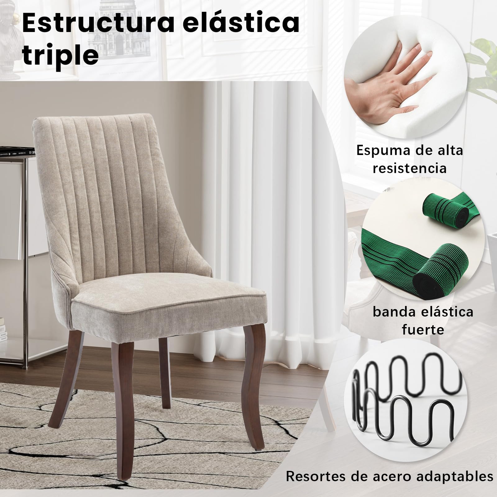 SoarFlash Conjunto de 2 sillas de Comedor, con Respaldo Alto y Acolchado Vertical, Patas de Madera Maciza curvadas, Elegante Silla tapizada para el Comedor, Beige Gris