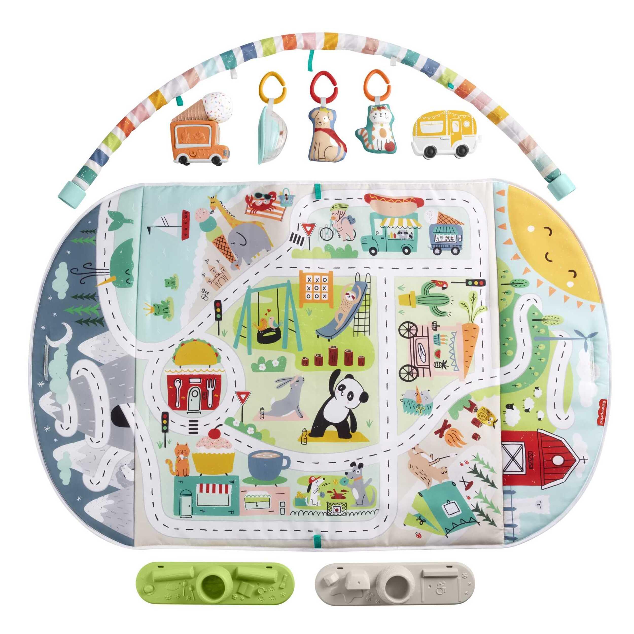 Fisher-Price Mantita Activity City Gym to Jumbo, Gimnasio para niños pequeños y bebés con música, Luces, vehículos de Juguete y una mantita de Juego Extragrande (GRV42)