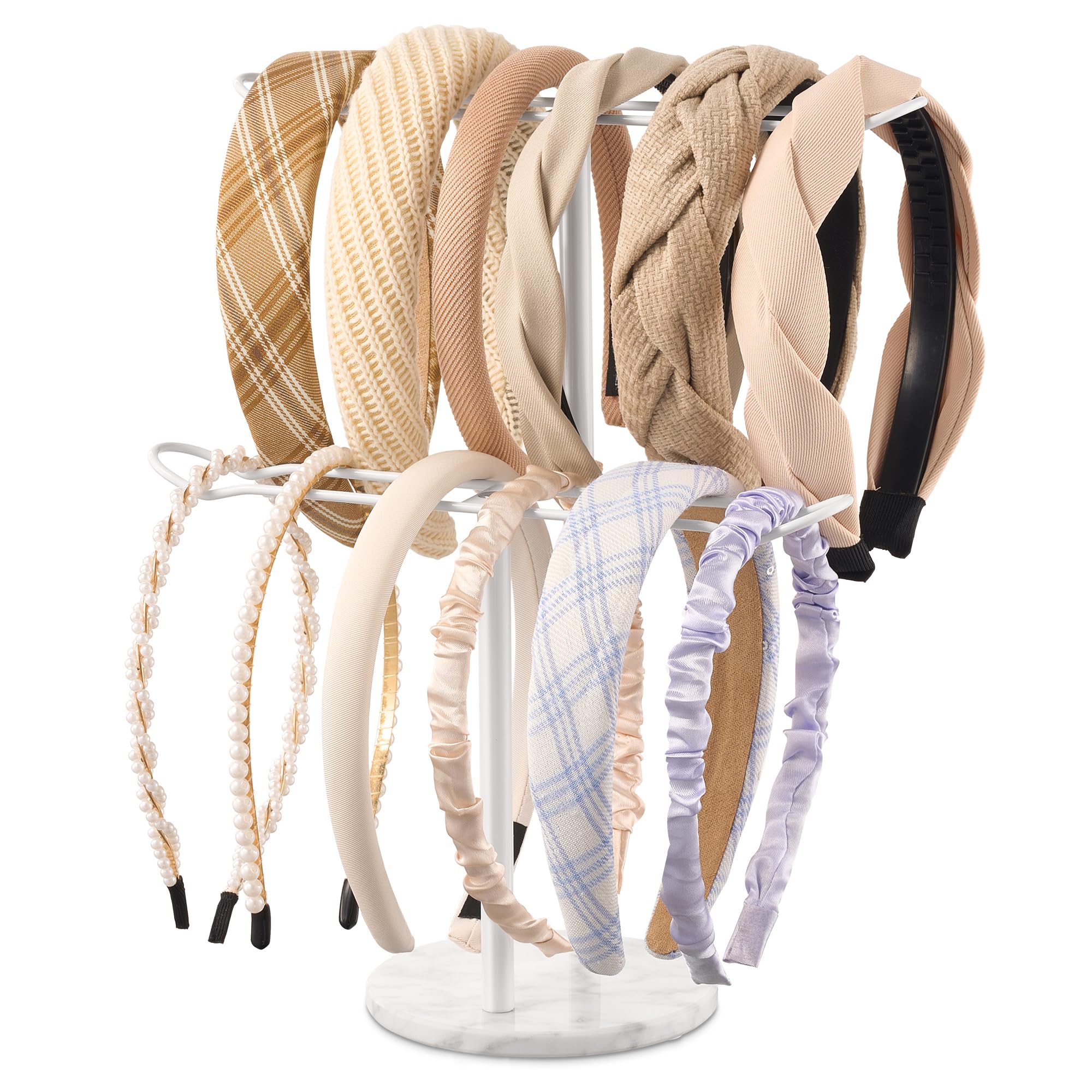 Josmimic White Headband Holder and Scrunchie Organizer: Hair Accessory Storage Stand with White Marble Base, Two-Tier Design for Bathroom, Vanity, or Dresser
