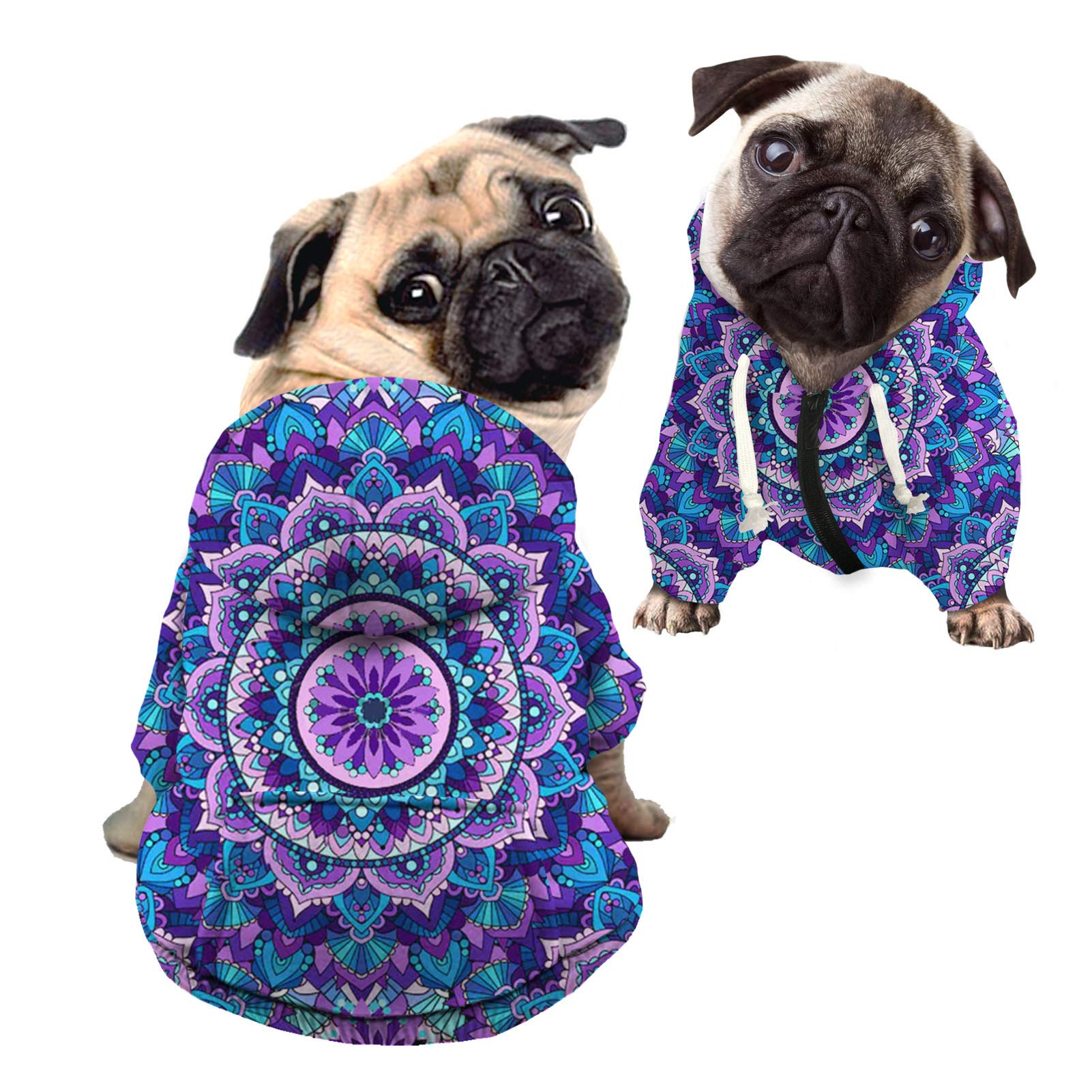 Howilath Dog Hooded Trench Coat Windproof, Ethnic Tribal Mandala Lotus Bohemia Flower Blue Dog Hoodies Puppy Zipper for Small Medium Large Dogs Doggie Clothes - L — image 1