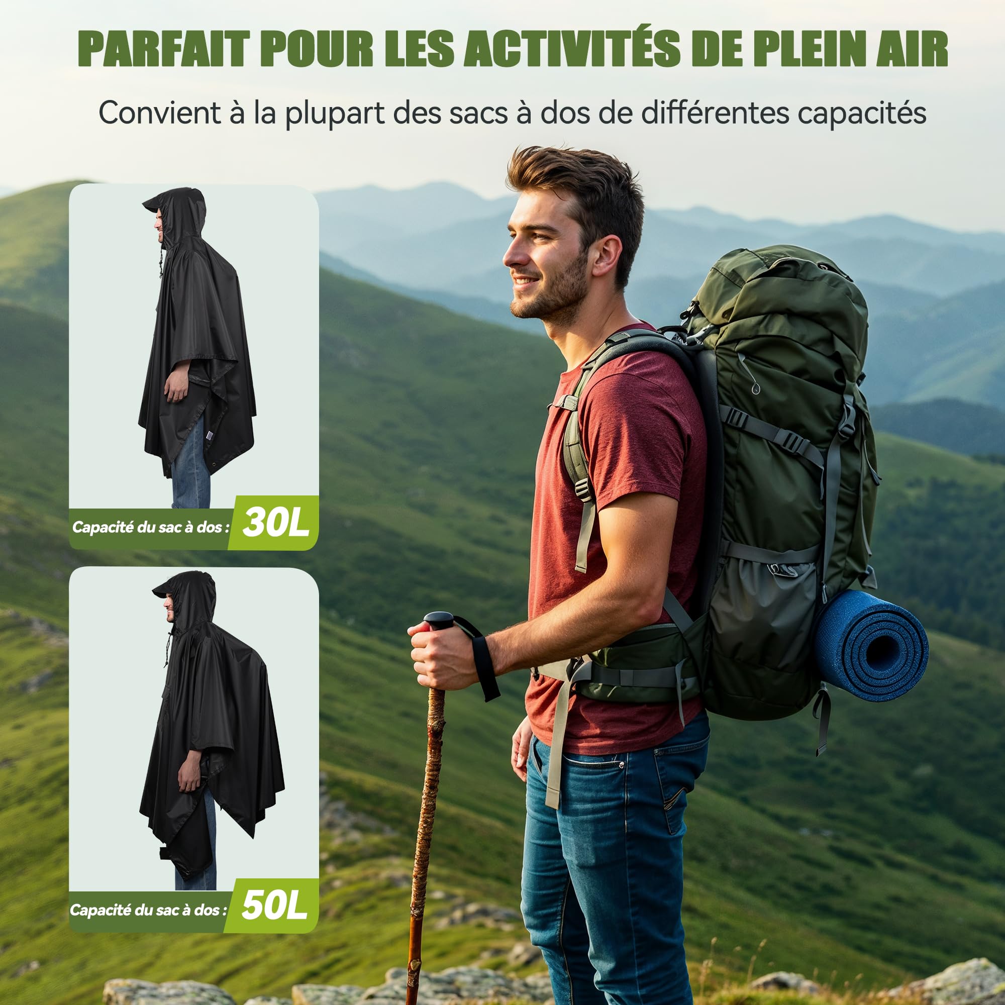 TechRise Poncho de Pluie Imperméable Unisexe à Capuche | Ultra-léger compact en EVA réutilisable, multifonction pour randonnée, camping, pêche et cyclisme