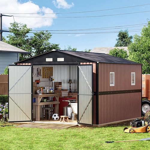 10X12 FT Outdoor Metal Storage Shed with Lockable Doors & 2 Windows, Storage Shed Large with Metal Frame Floor for Patio Storage, Garbage Can, Chicken Coop(Wood Panels Not Included)