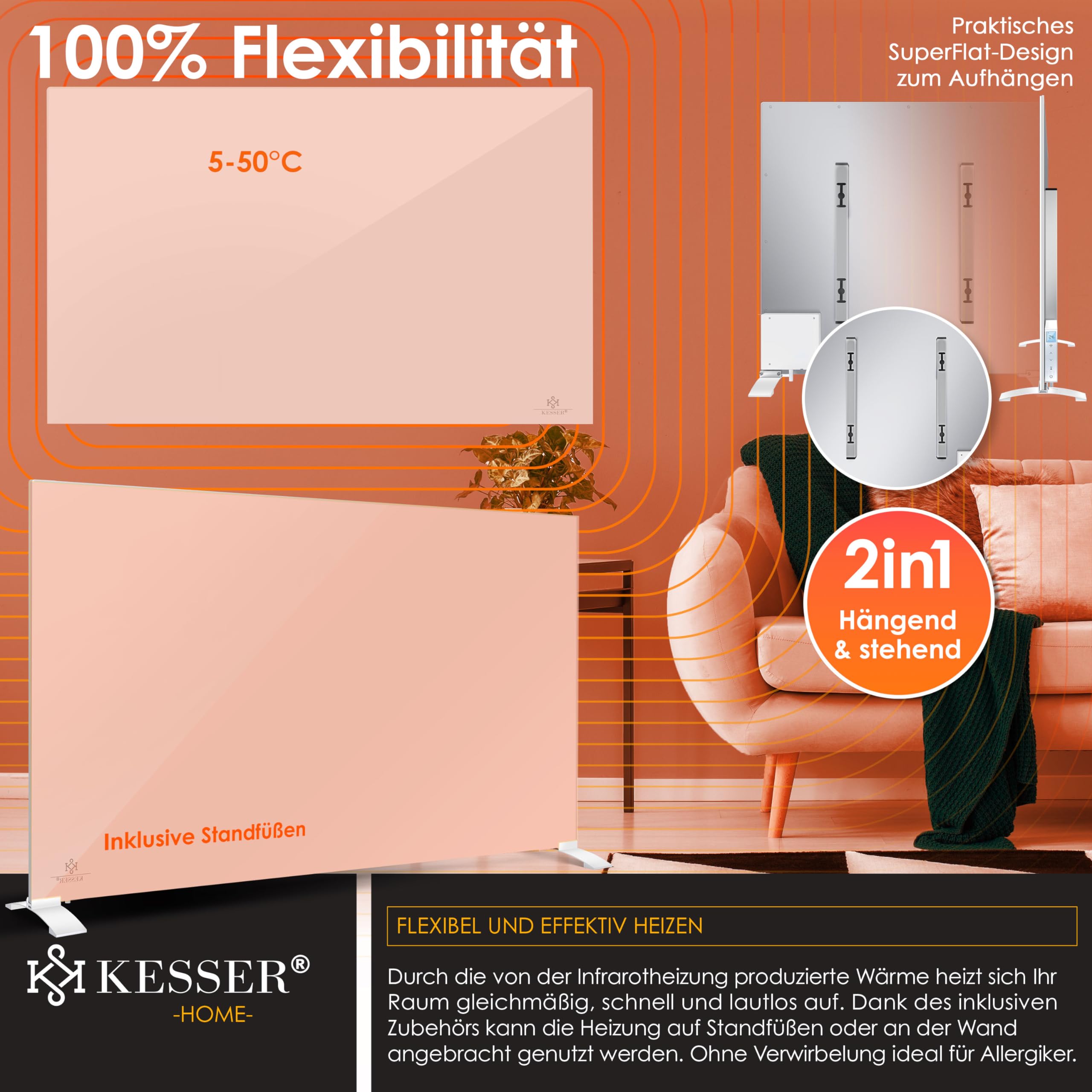 KESSER® Radiatore a infrarossi 520 W, riscaldamento in alluminio a risparmio energetico, 2 in 1, dispositivo su piedistallo e montaggio a parete con rilevamento finestra aperta + telecomando e