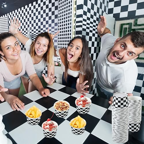 Miniatura 5 de Bokon 100 tazas de helado de papel a cuadros en blanco y negro de 9 onzas, cuencos de postre desechables para aperitivos, tazas de sopa para niños y