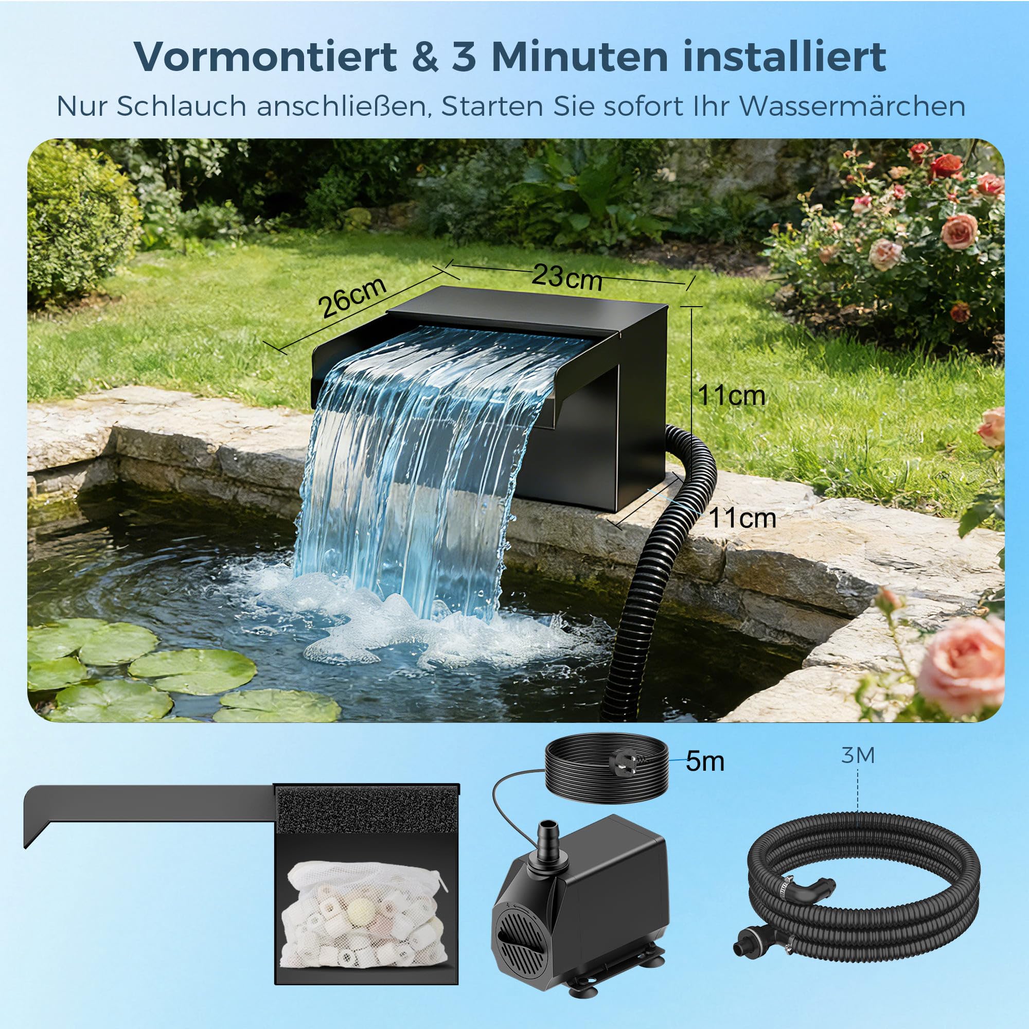 Biling 20 cm Edelstahl Wasserfall Set Komplett mit Pumpe und Filter 40W 2500L/H für Gartenteich Koiteich Schwimmteich Wasserspiel Garten Deko Wasserkaskade
